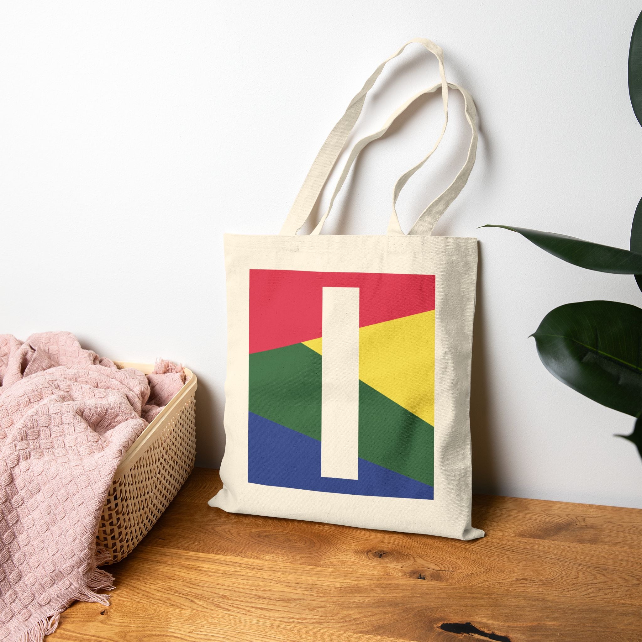 Initial I Colorblock Canvas Tote Bag — Monogram Letter I Reusable Grocery Tote
