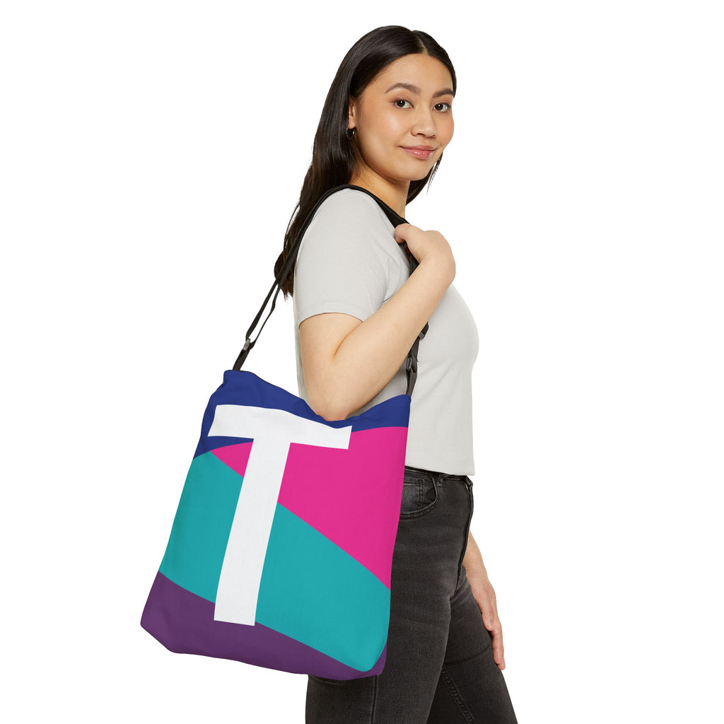 Initial Letter 'T' Colorblock Adjustable Tote Bag — Monogram Alphabet Shoulder Bag