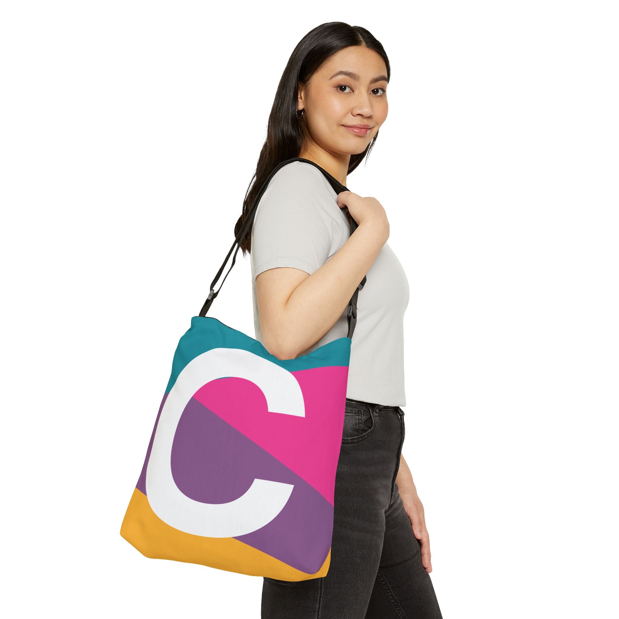 Initial Letter 'C' Colorblock Adjustable Tote Bag — Monogram Alphabet Shoulder Bag