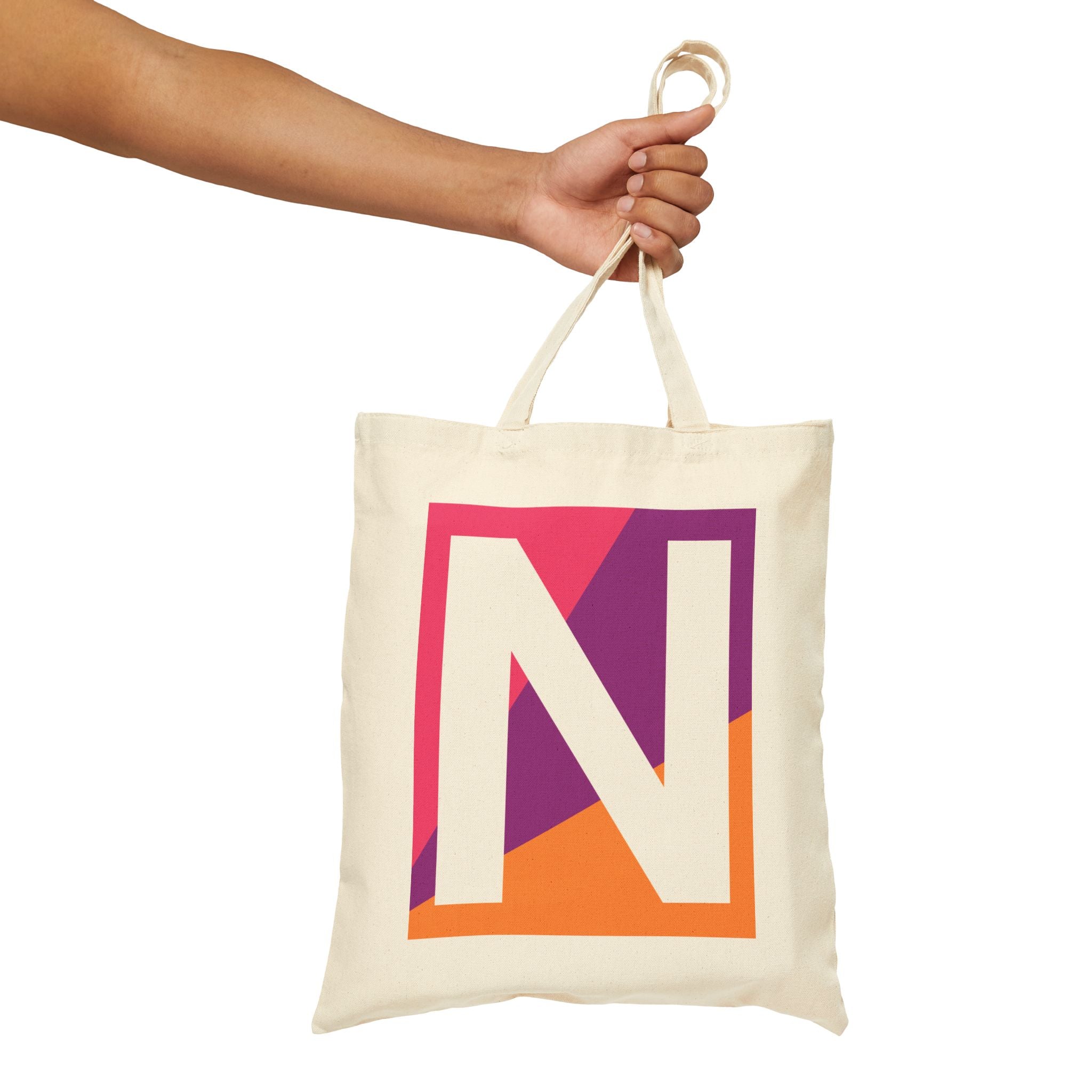 Initial N Colorblock Canvas Tote Bag — Monogram Letter N Reusable Grocery Tote