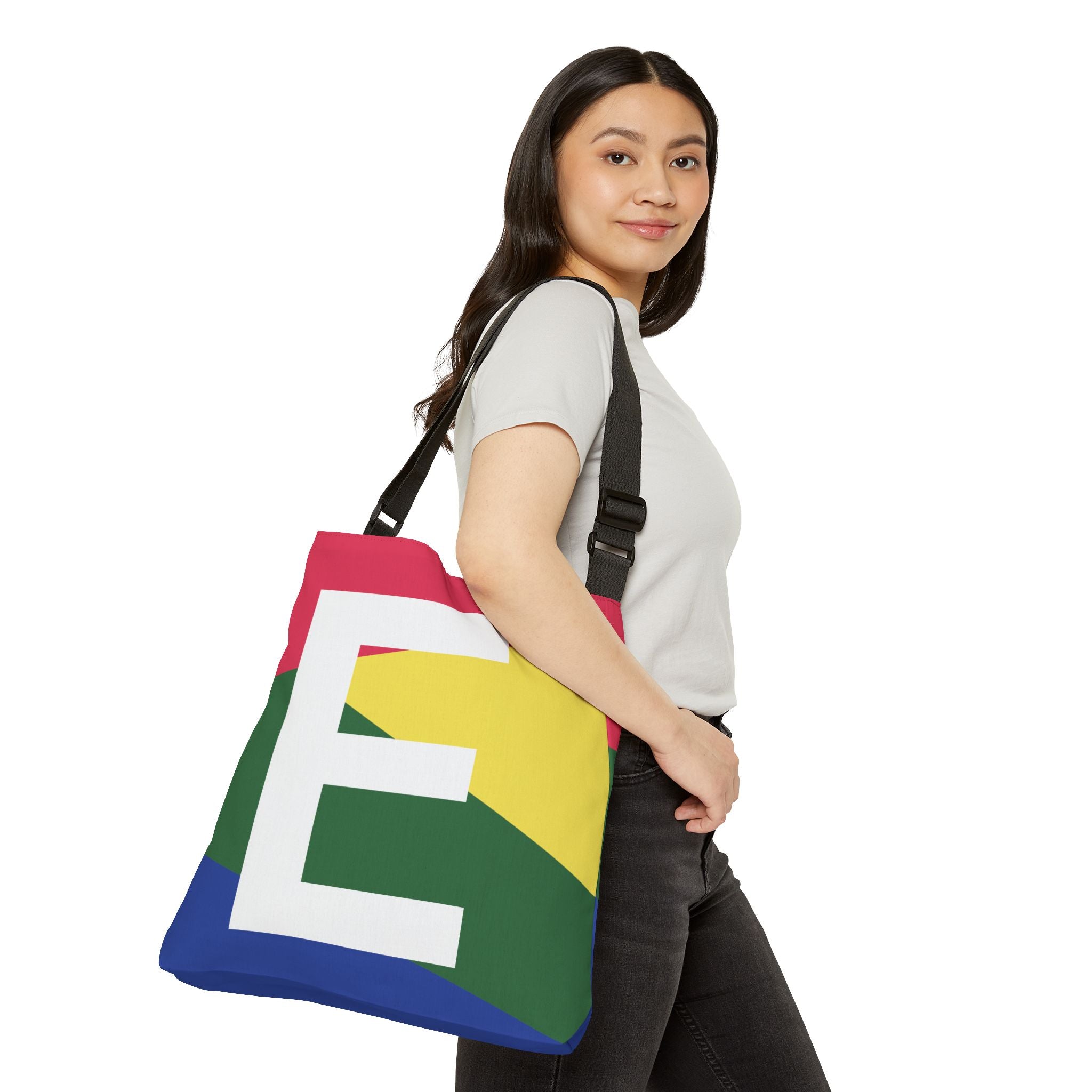 Initial Letter 'E' Colorblock Adjustable Tote Bag — Monogram Alphabet Shoulder Bag