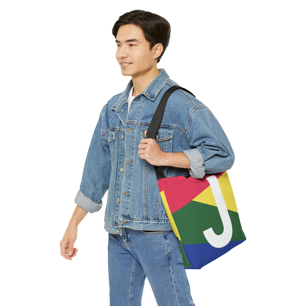 Initial Letter 'J' Colorblock Adjustable Tote Bag — Monogram Alphabet Shoulder Bag