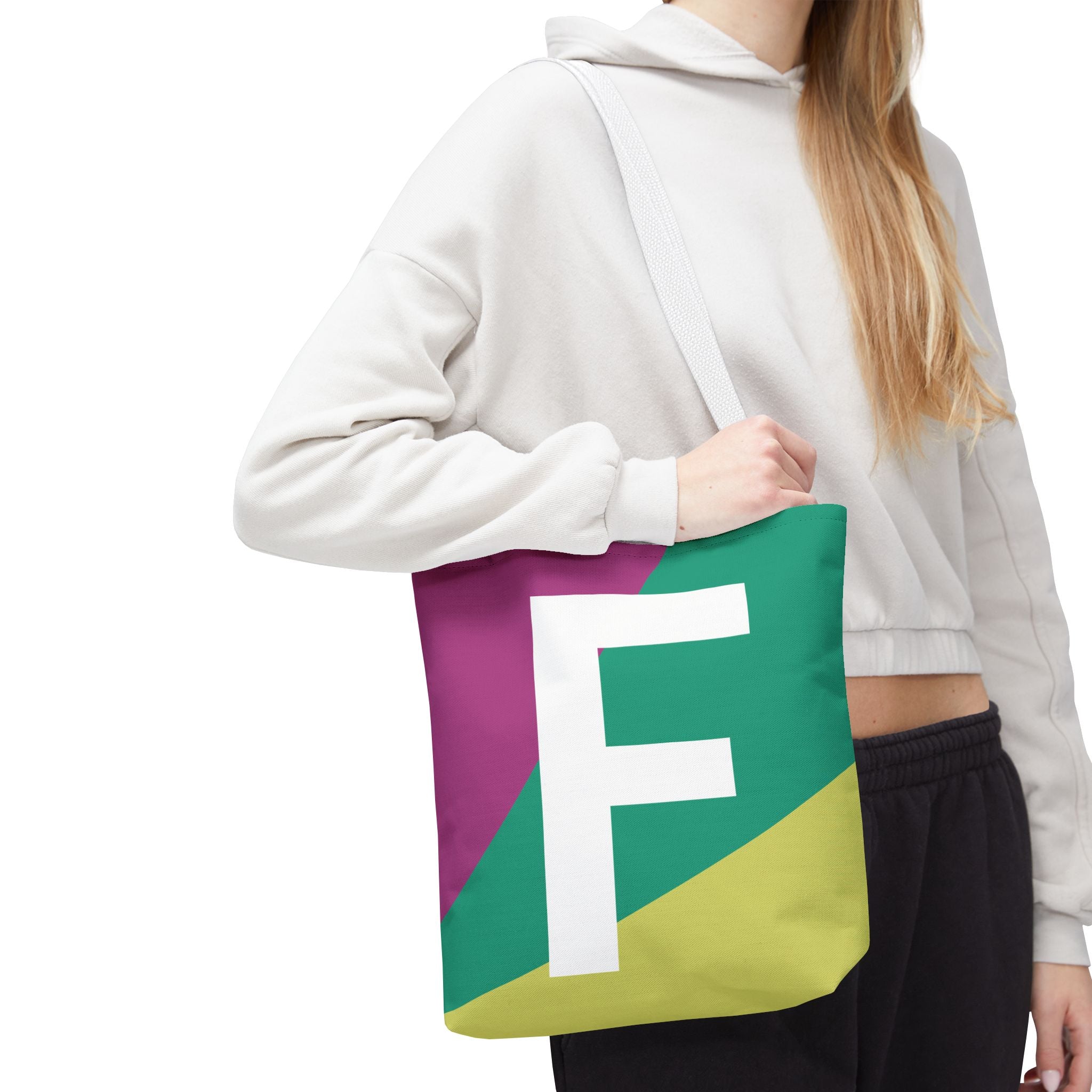 Monogram 'F' Colorblock Tote Bag — Personalized Initial F Shoulder Tote