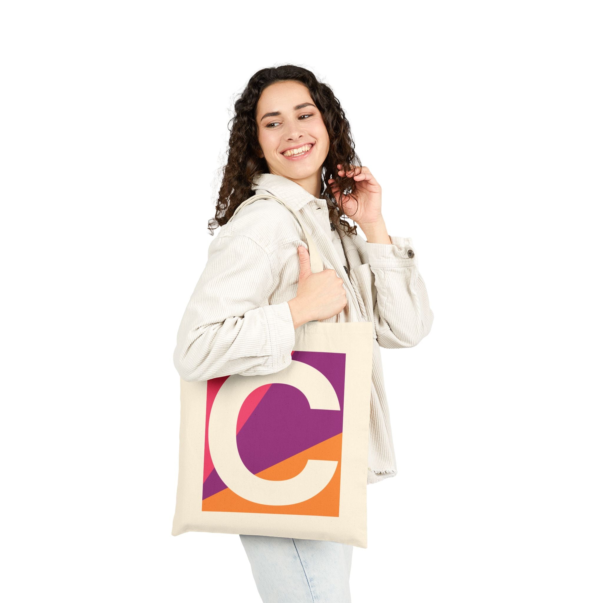 Initial C Colorblock Canvas Tote Bag — Monogram Letter C Reusable Grocery Tote