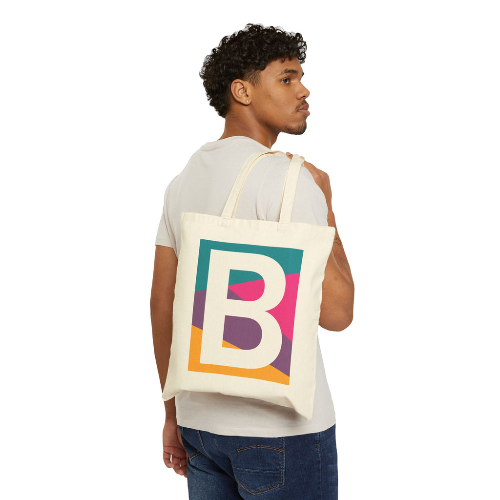 Initial B Colorblock Canvas Tote Bag — Monogram Letter B Reusable Grocery Tote