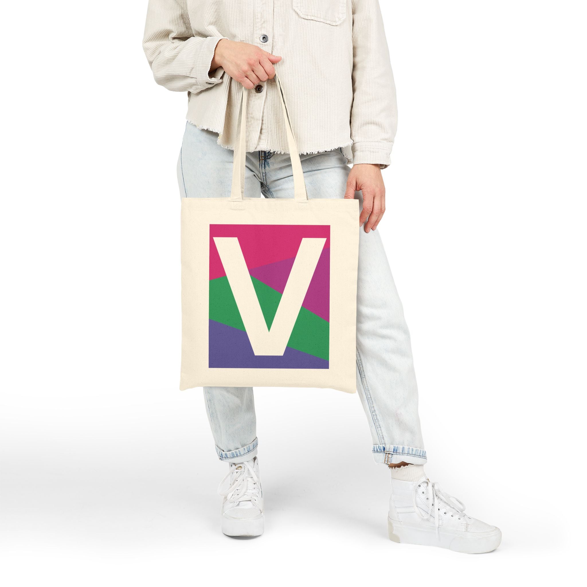 Initial V Colorblock Canvas Tote Bag — Monogram Letter V Reusable Grocery Tote