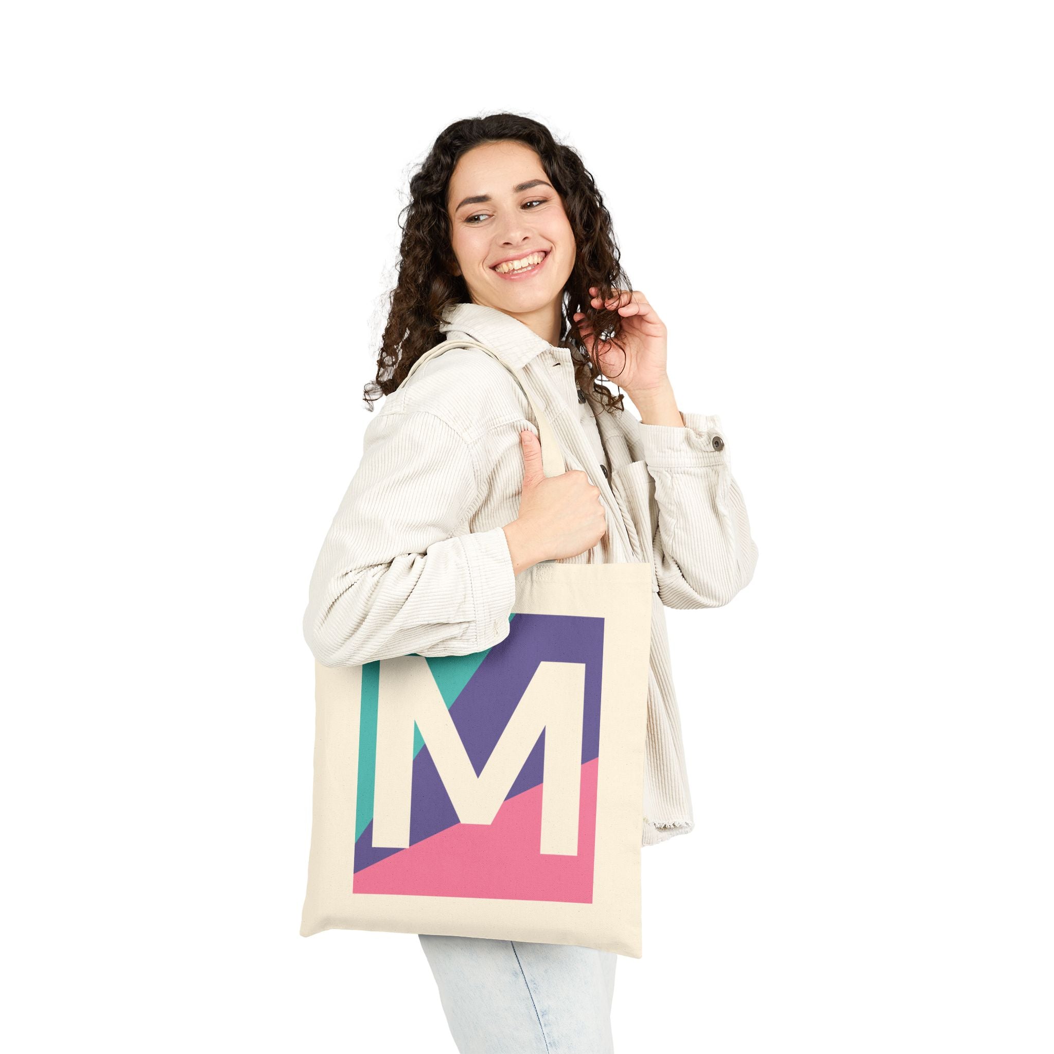 Initial M Colorblock Canvas Tote Bag — Monogram Letter M Reusable Grocery Tote