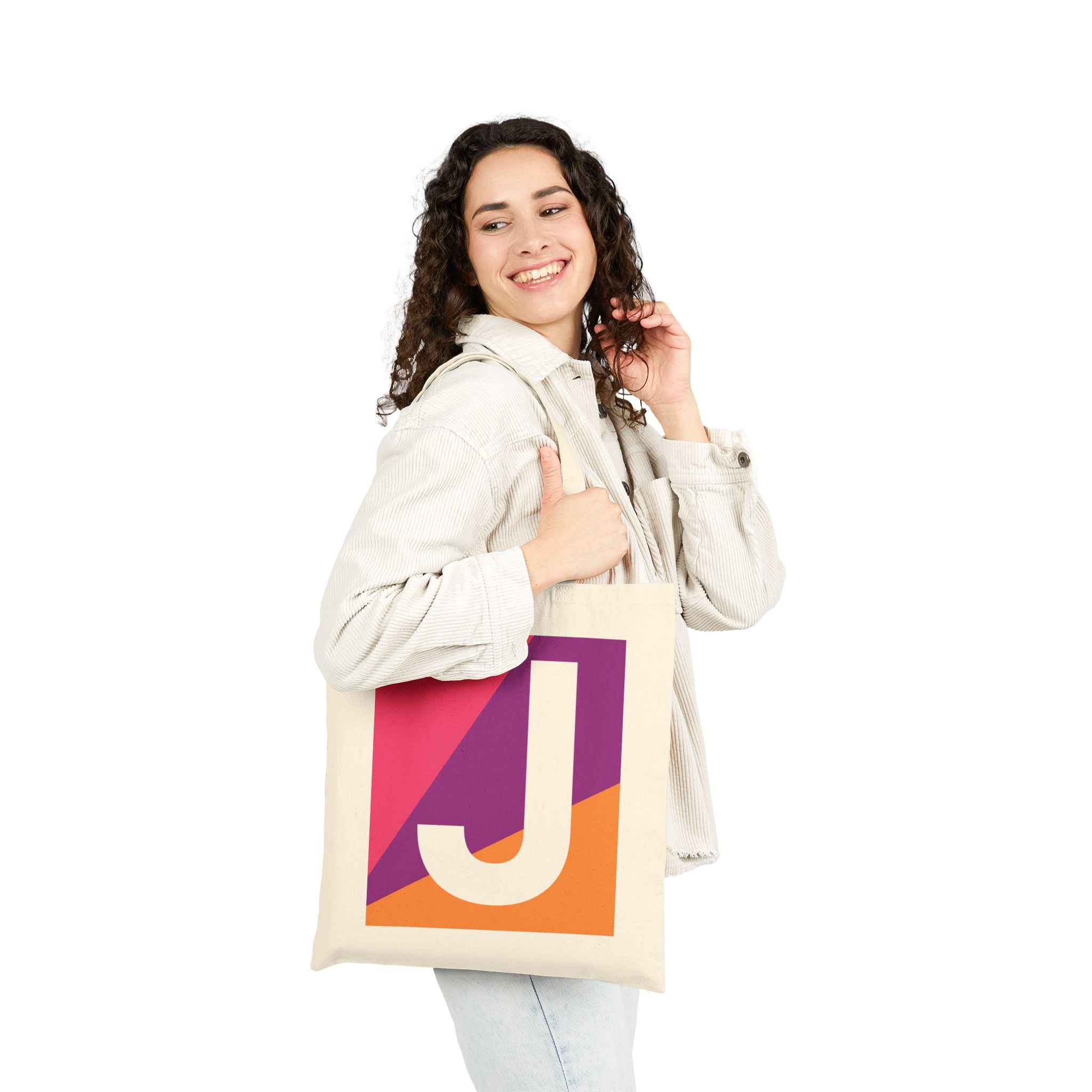Initial J Colorblock Canvas Tote Bag — Monogram Letter J Reusable Grocery Tote