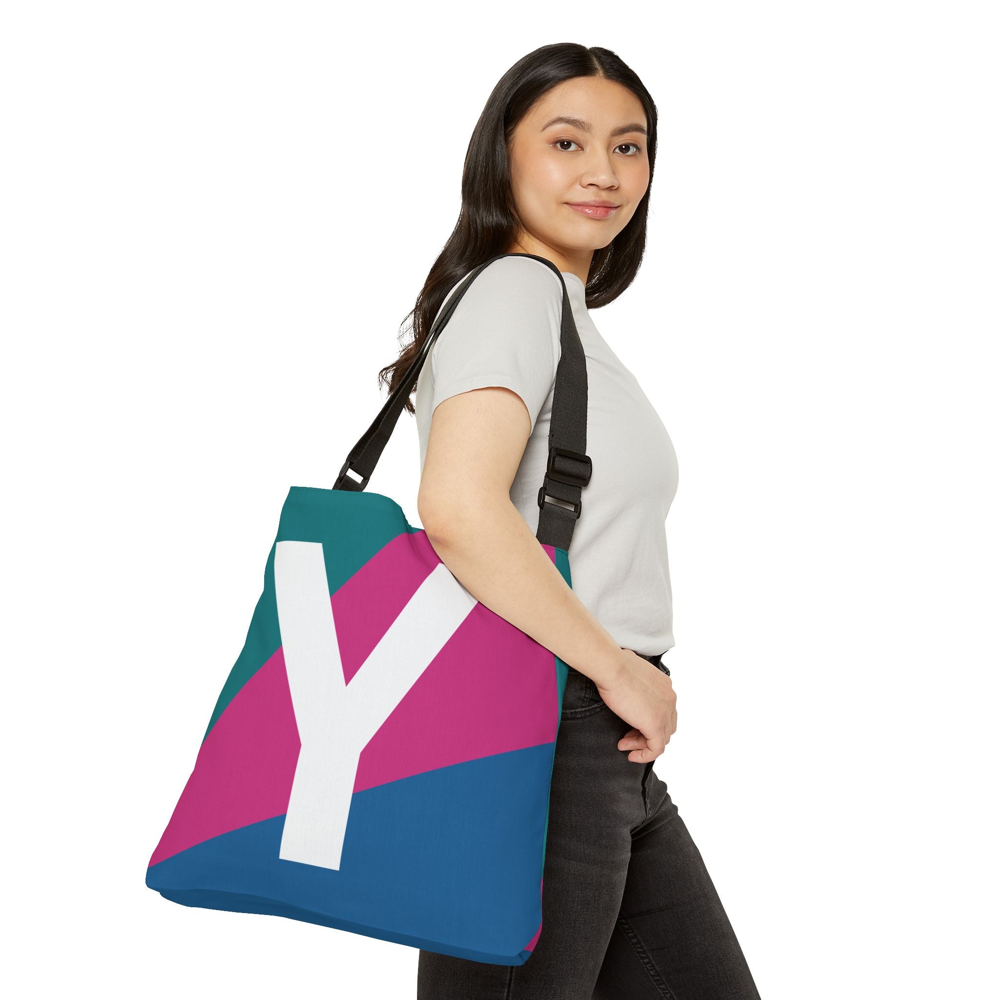 Initial Letter 'Y' Colorblock Adjustable Tote Bag — Monogram Alphabet Shoulder Bag