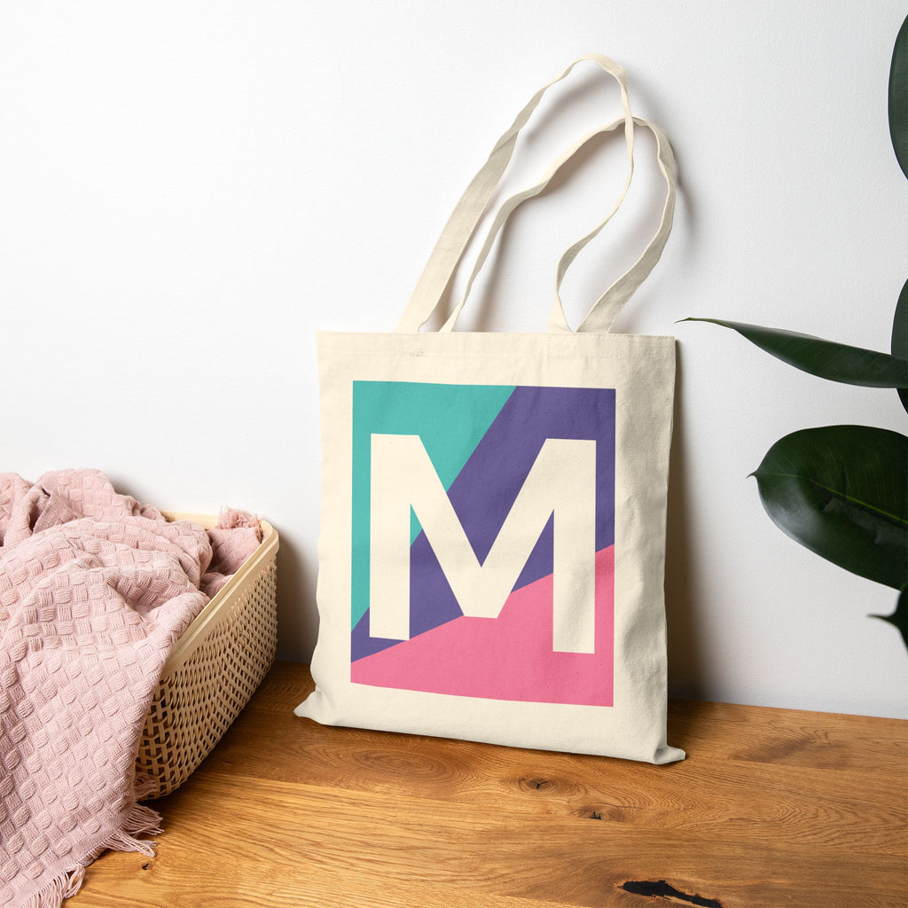 Initial M Colorblock Canvas Tote Bag — Monogram Letter M Reusable Grocery Tote