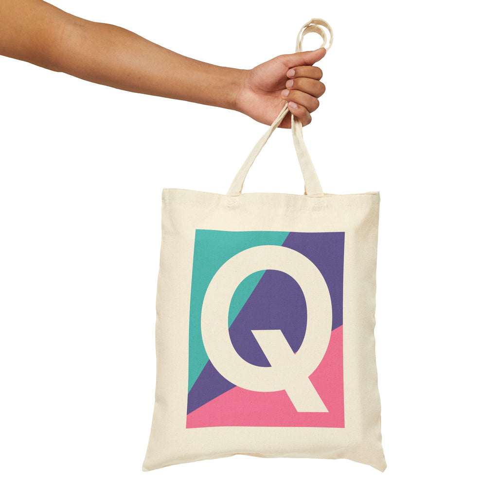 Initial Q Colorblock Canvas Tote Bag — Monogram Letter Q Reusable Grocery Tote