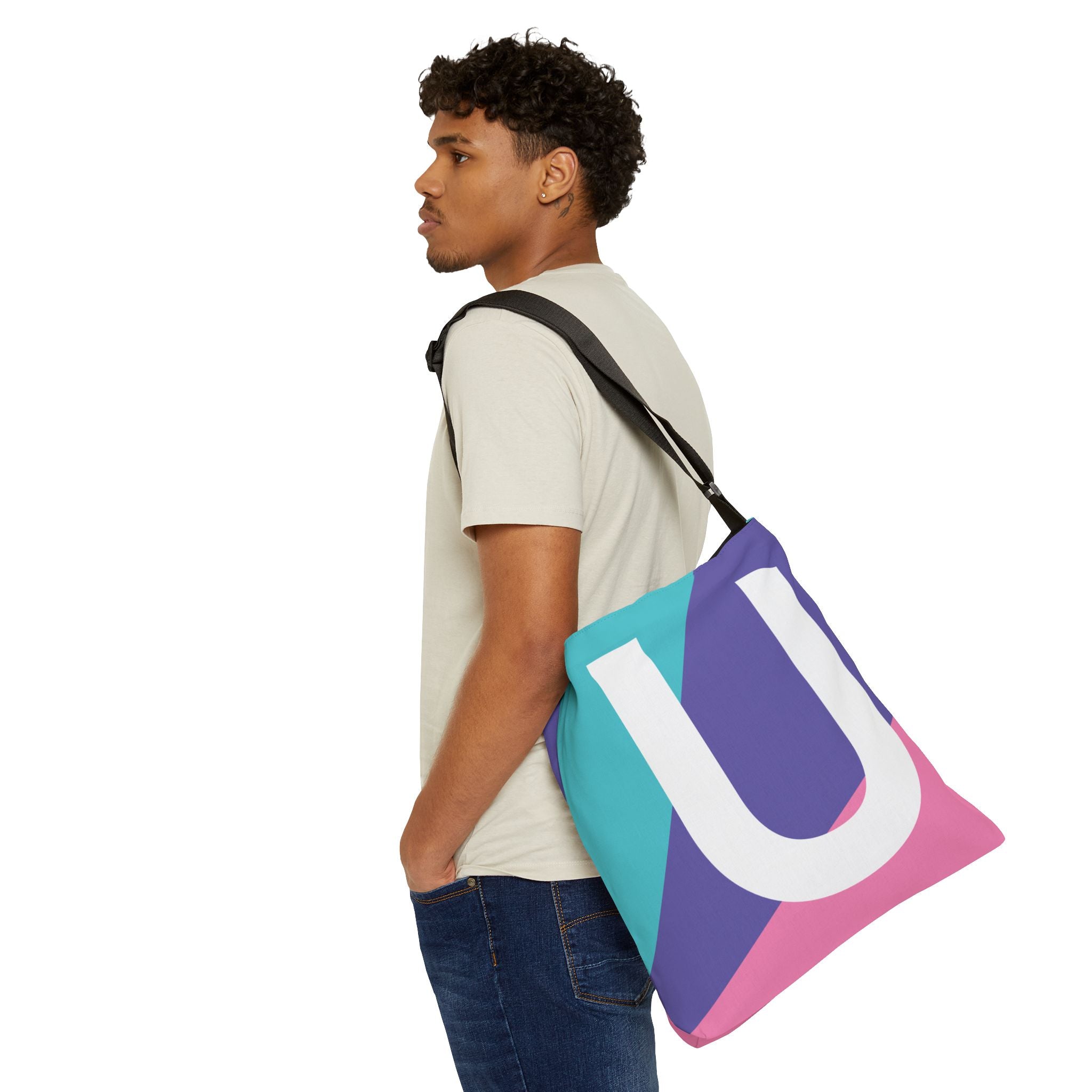 Initial Letter 'U' Colorblock Adjustable Tote Bag — Monogram Alphabet Shoulder Bag