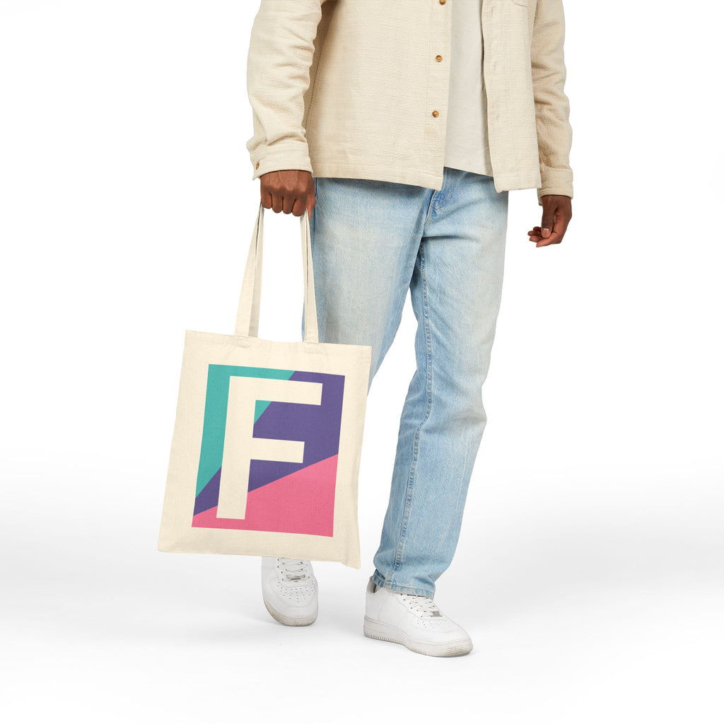 Initial F Colorblock Canvas Tote Bag — Monogram Letter F Reusable Grocery Tote