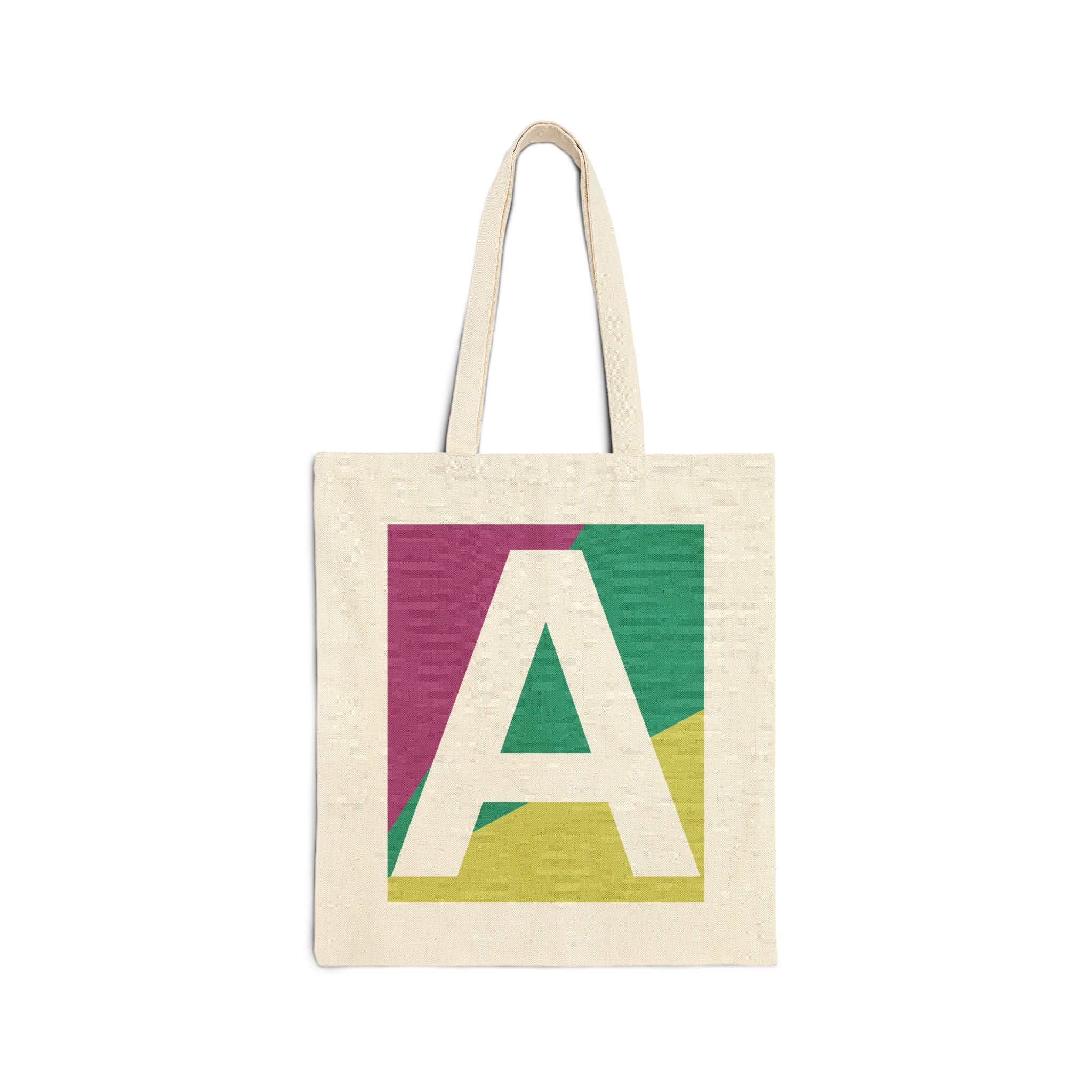 Initial A Colorblock Canvas Tote Bag — Monogram Letter A Reusable Grocery Tote