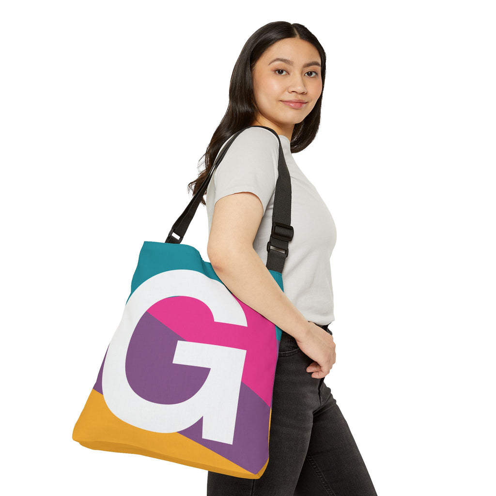 Initial Letter 'G' Colorblock Adjustable Tote Bag — Monogram Alphabet Shoulder Bag