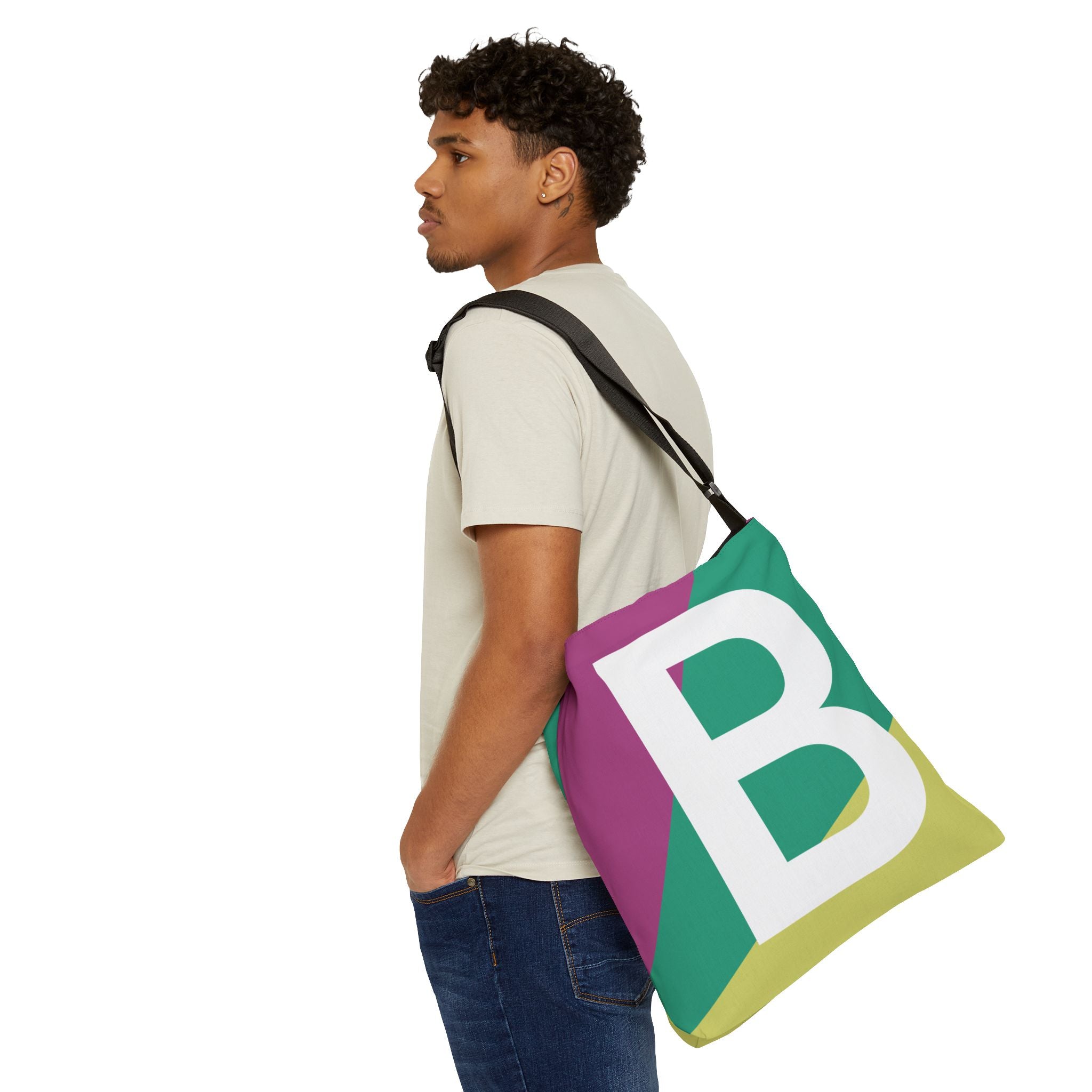 Initial Letter 'B' Colorblock Adjustable Tote Bag — Monogram Alphabet Shoulder Bag