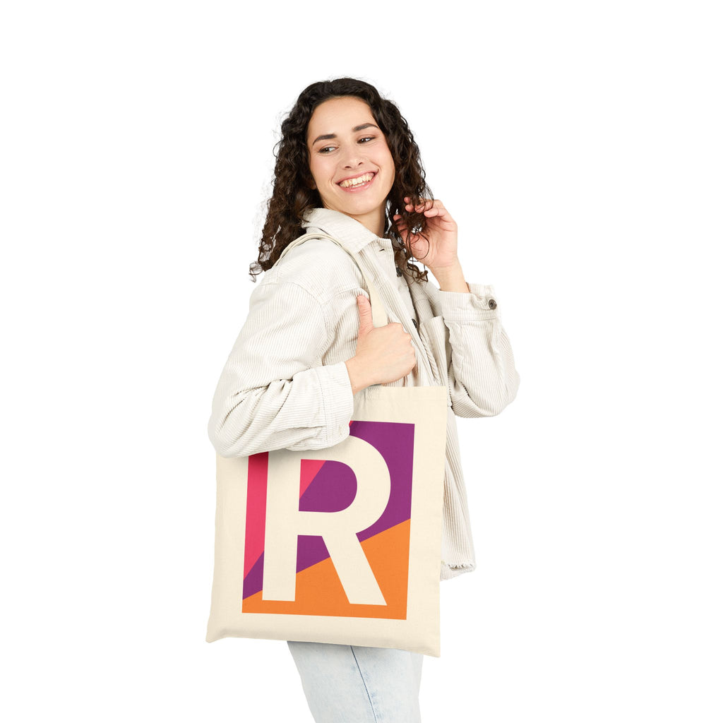 Initial R Colorblock Canvas Tote Bag — Monogram Letter R Reusable Grocery Tote