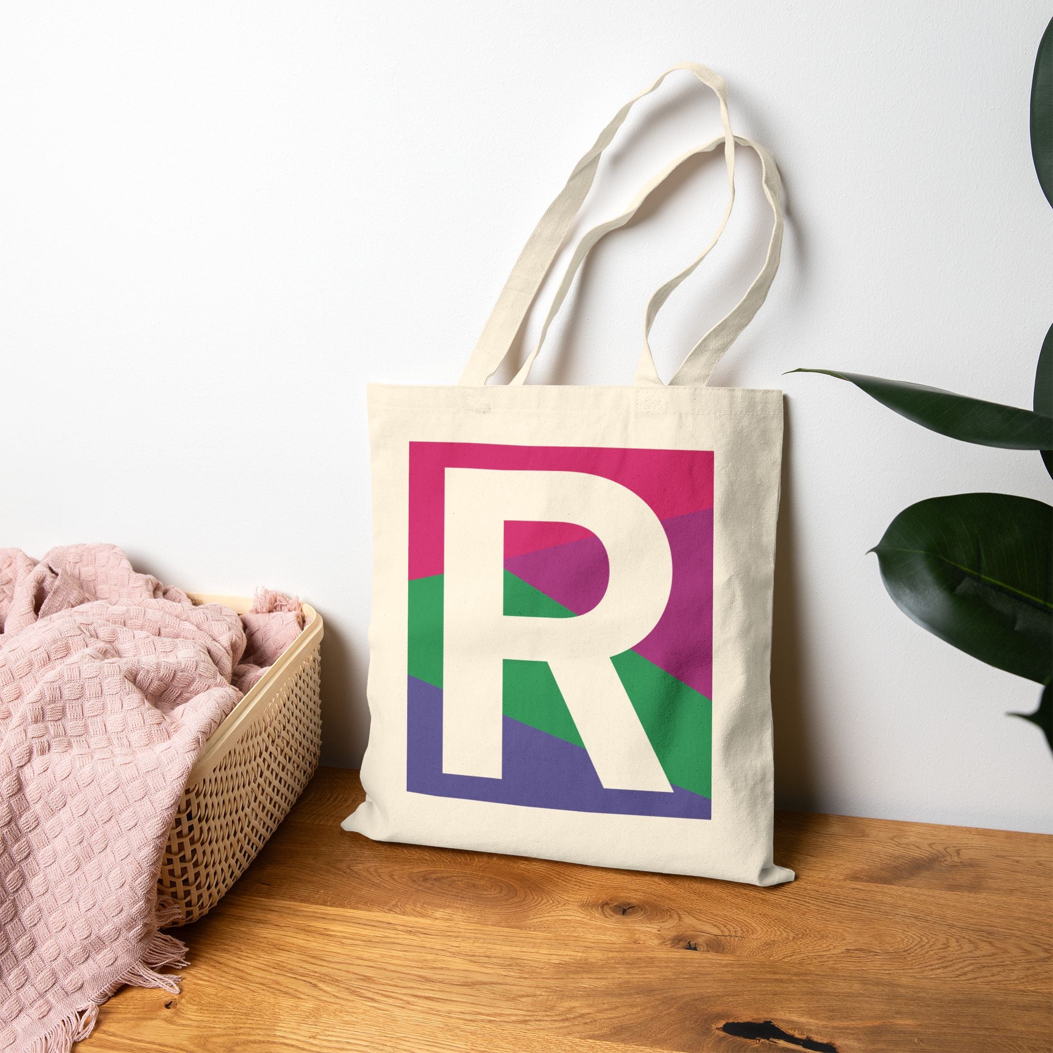 Initial R Colorblock Canvas Tote Bag — Monogram Letter R Reusable Grocery Tote