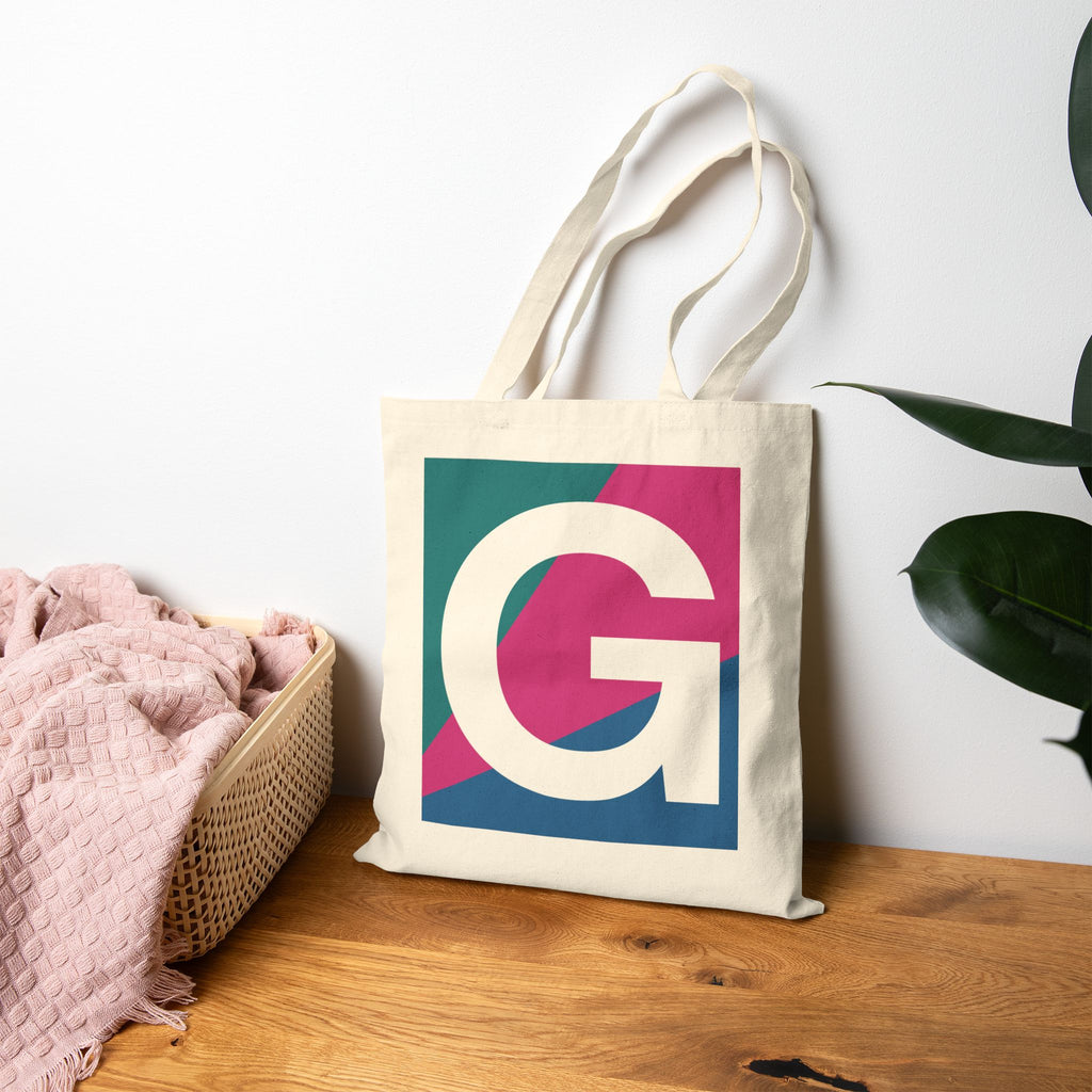 Initial G Colorblock Canvas Tote Bag — Monogram Letter G Reusable Grocery Tote