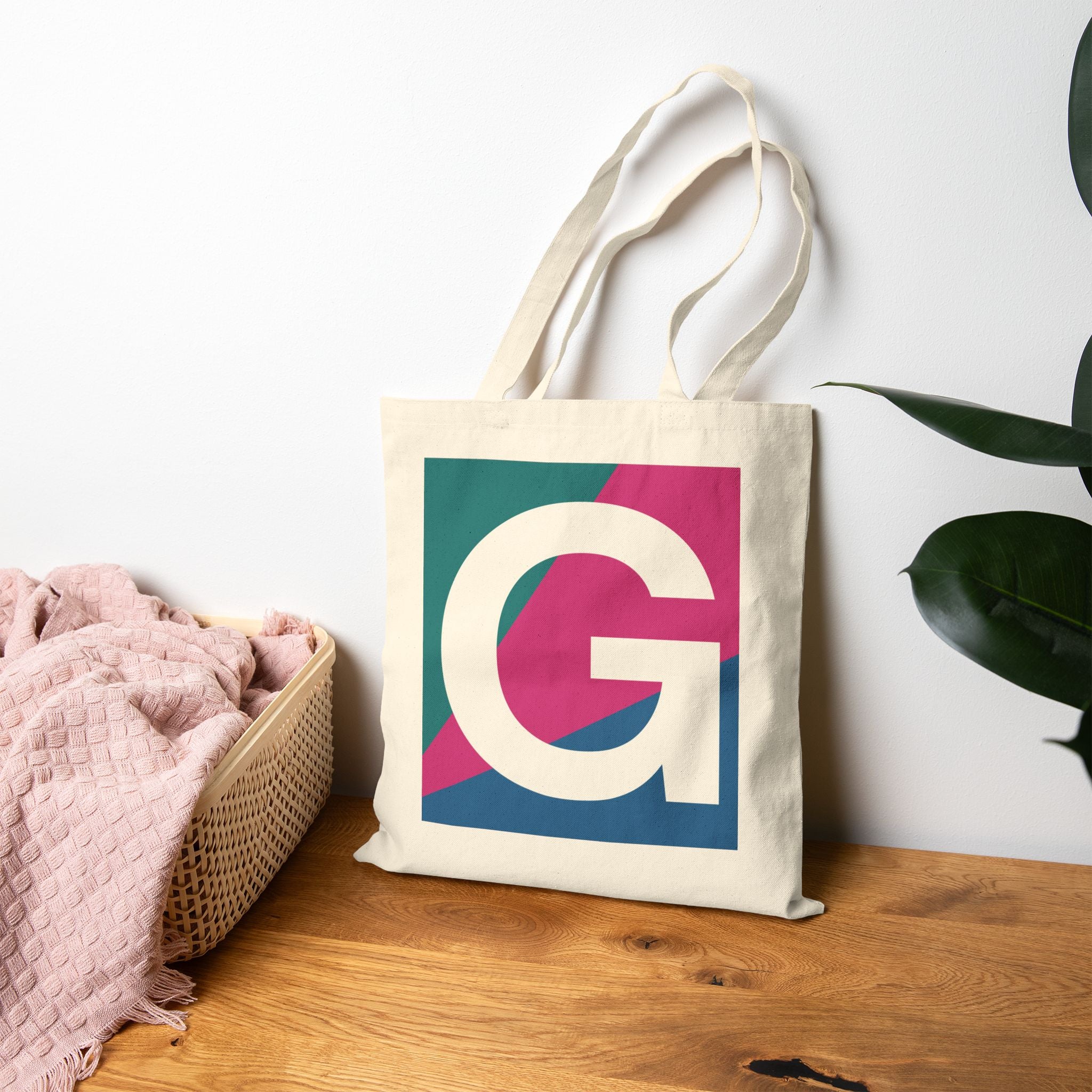 Initial G Colorblock Canvas Tote Bag — Monogram Letter G Reusable Grocery Tote
