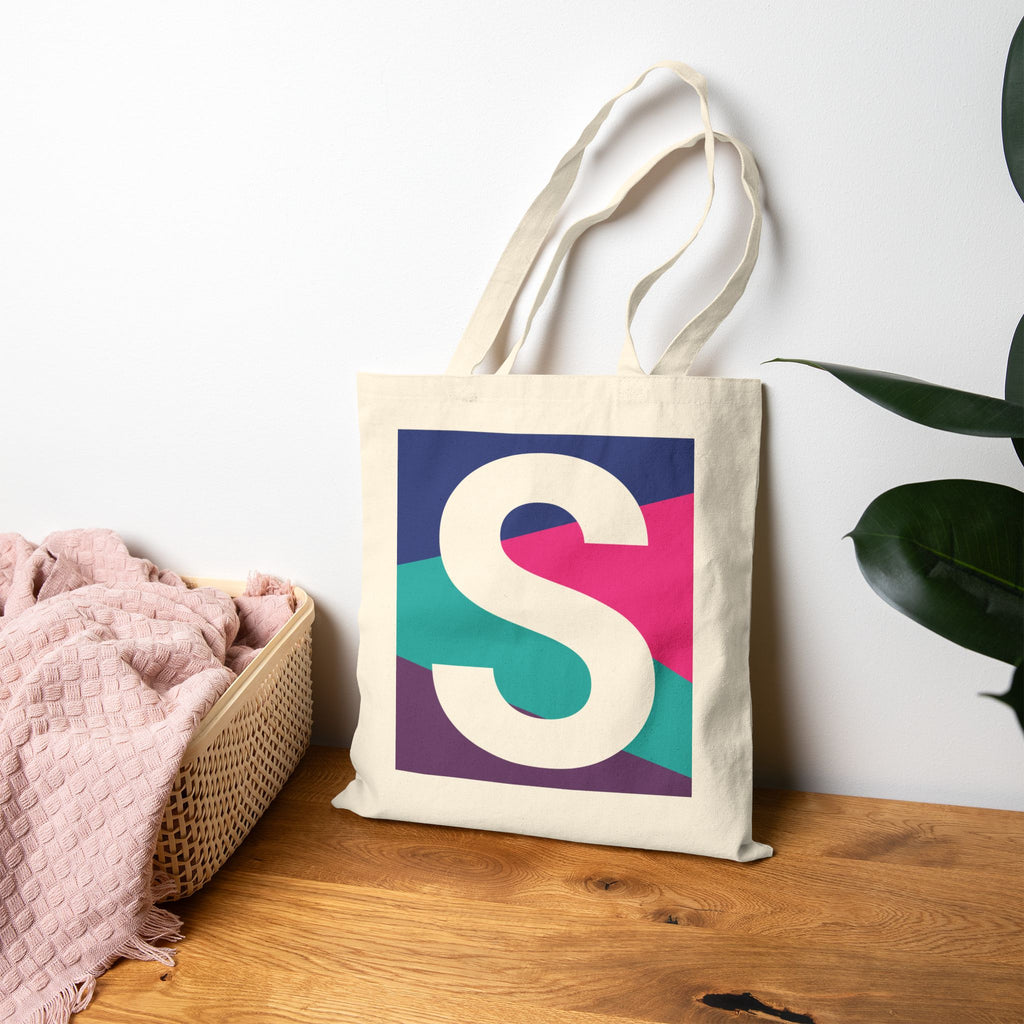 Initial S Colorblock Canvas Tote Bag — Monogram Letter S Reusable Grocery Tote