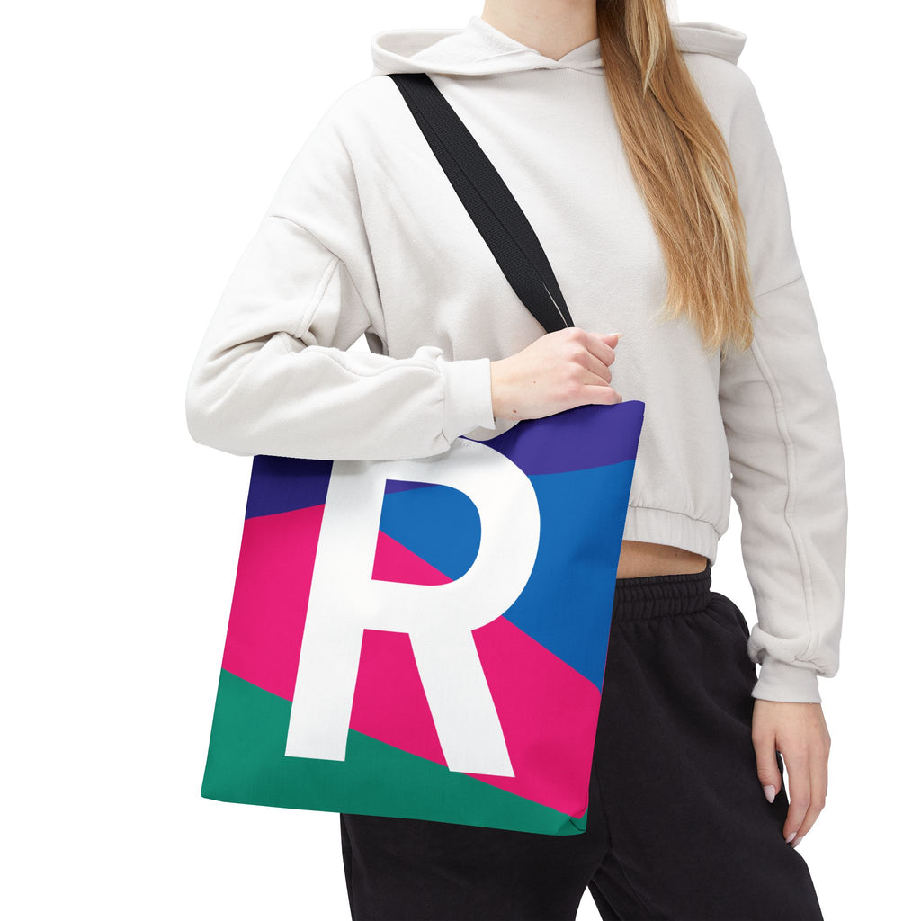 Monogram 'R' Colorblock Tote Bag — Personalized Initial R Shoulder Tote