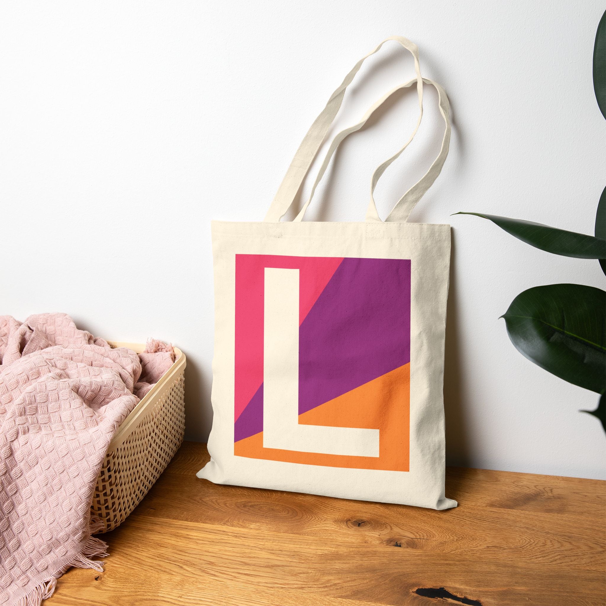 Initial L Colorblock Canvas Tote Bag — Monogram Letter L Reusable Grocery Tote