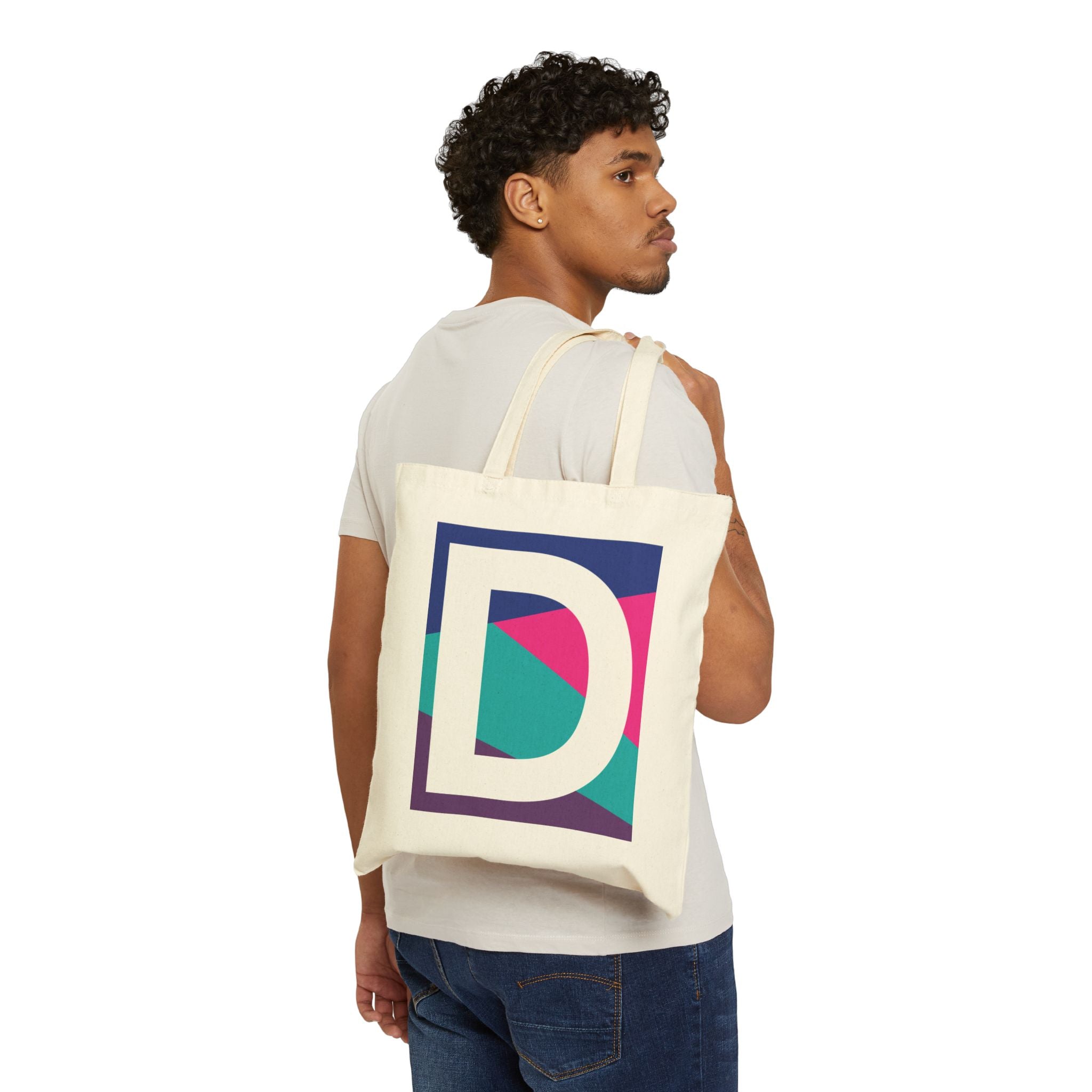 Initial D Colorblock Canvas Tote Bag — Monogram Letter D Reusable Grocery Tote