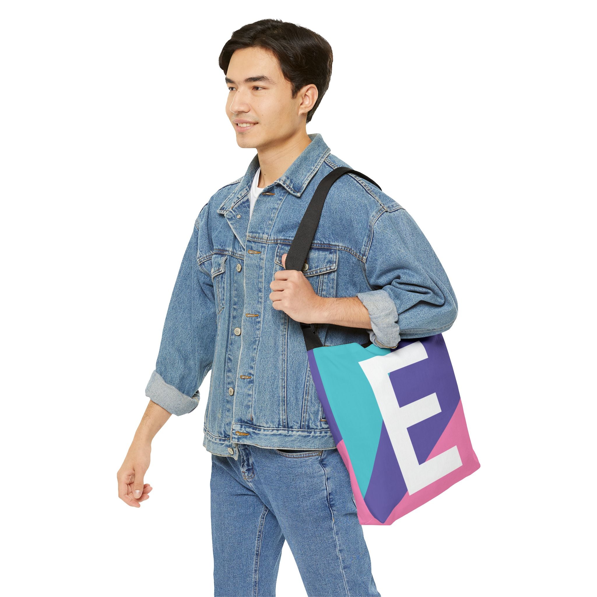 Initial Letter 'E' Colorblock Adjustable Tote Bag — Monogram Alphabet Shoulder Bag