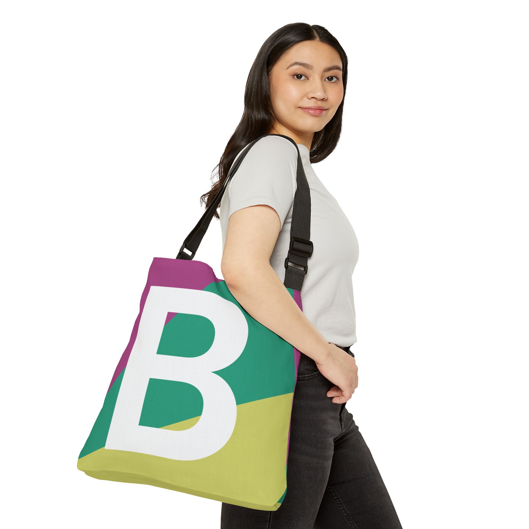 Initial Letter 'B' Colorblock Adjustable Tote Bag — Monogram Alphabet Shoulder Bag