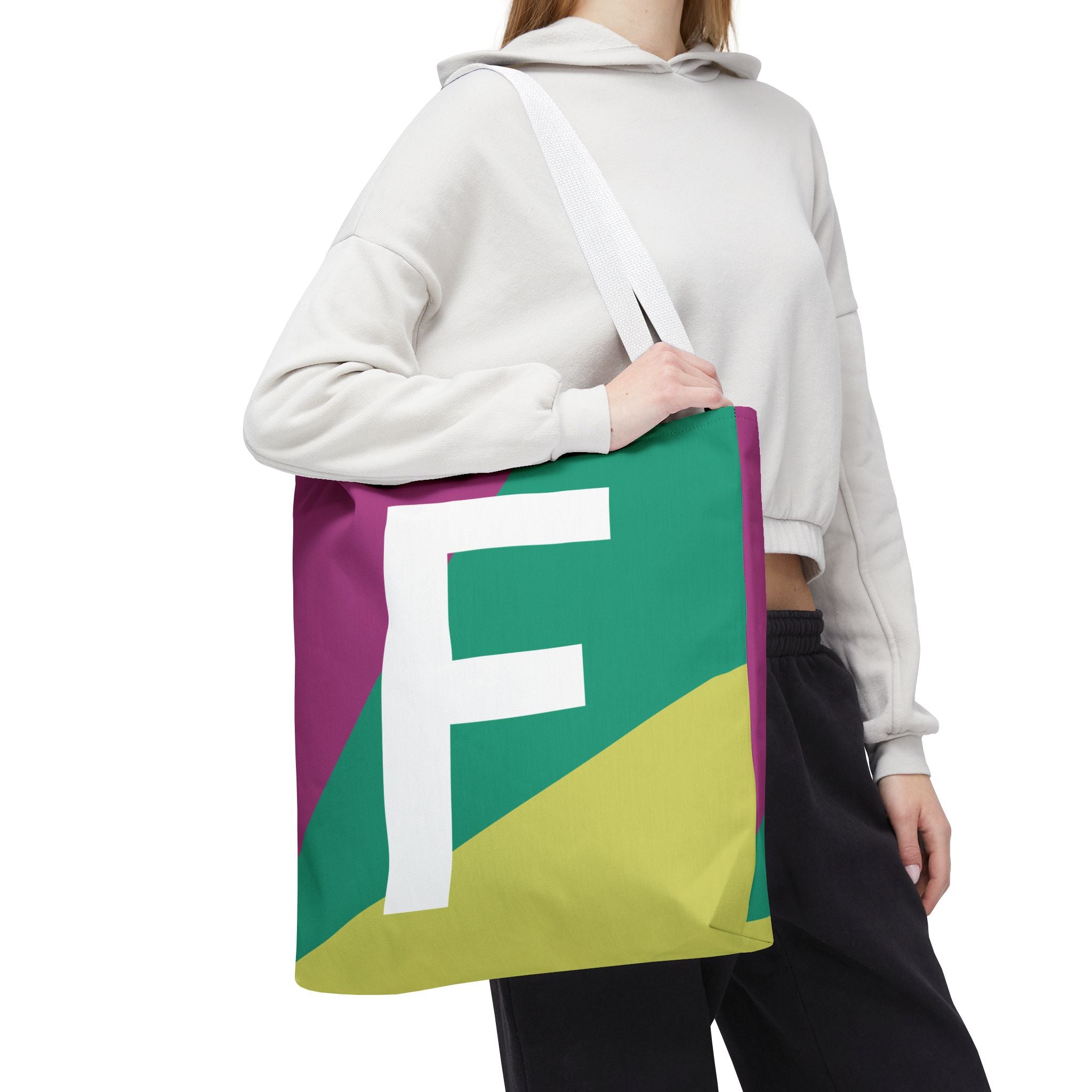 Monogram 'F' Colorblock Tote Bag — Personalized Initial F Shoulder Tote