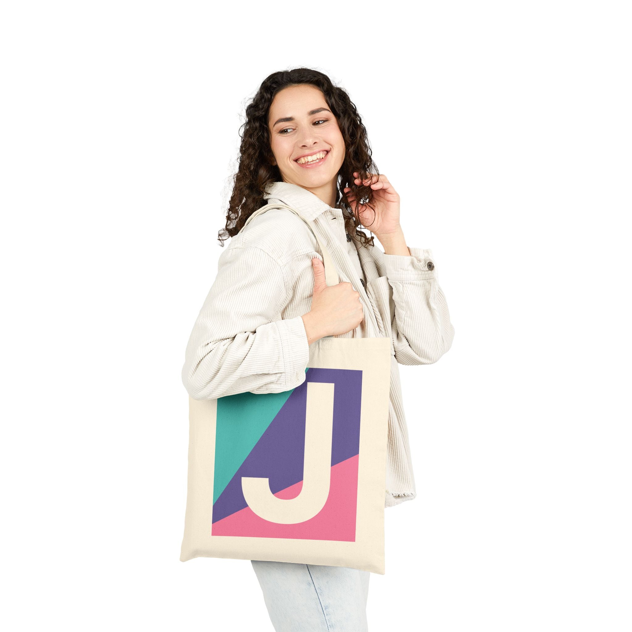 Initial J Colorblock Canvas Tote Bag — Monogram Letter J Reusable Grocery Tote