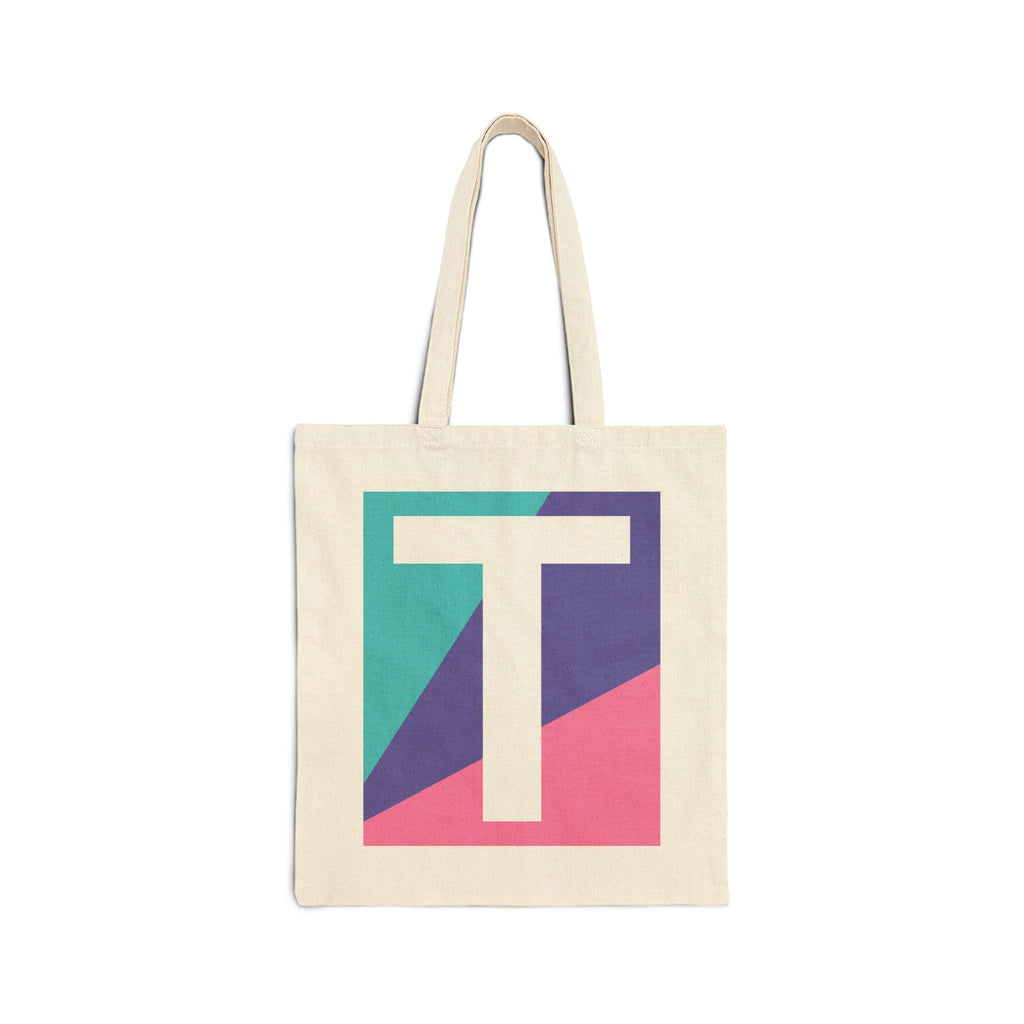 Initial T Colorblock Canvas Tote Bag — Monogram Letter T Reusable Grocery Tote