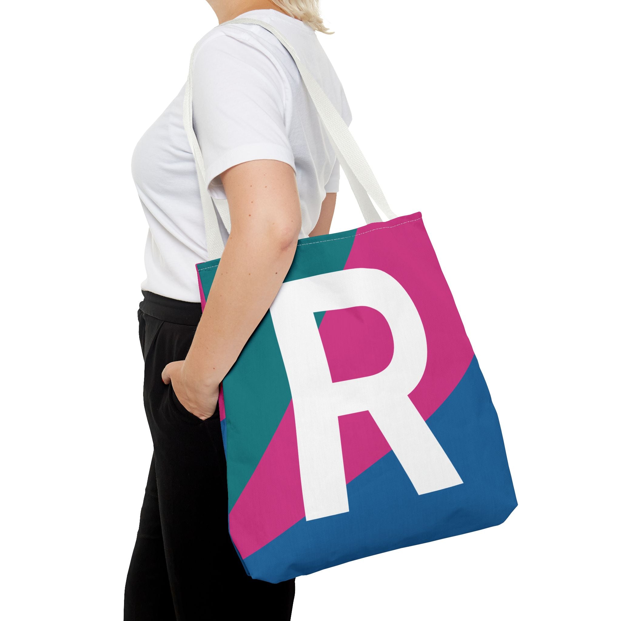 Monogram 'R' Colorblock Tote Bag — Personalized Initial R Shoulder Tote