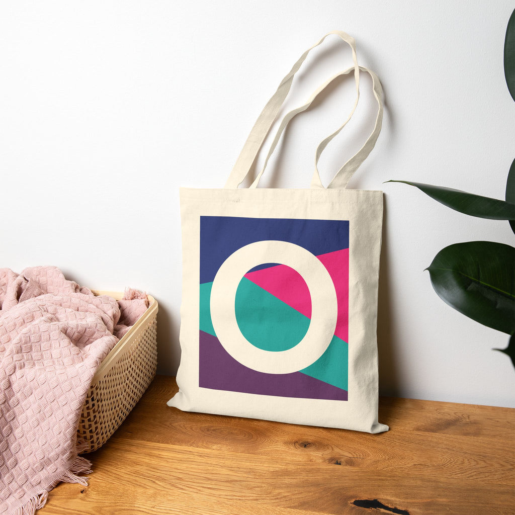 Initial O Colorblock Canvas Tote Bag — Monogram Letter O Reusable Grocery Tote