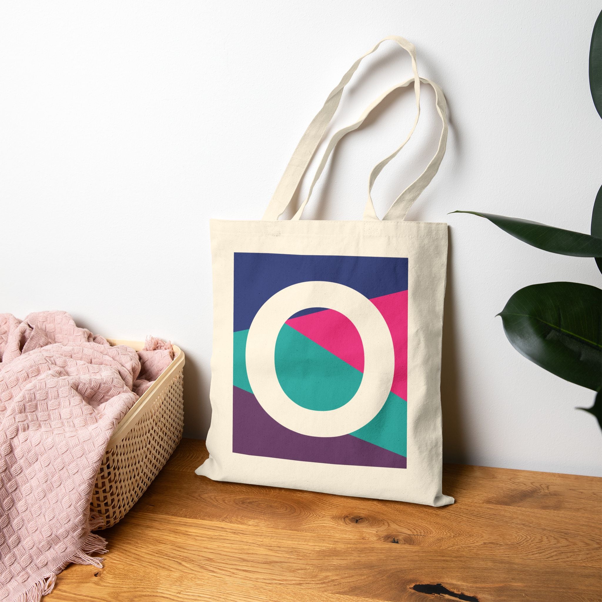 Initial O Colorblock Canvas Tote Bag — Monogram Letter O Reusable Grocery Tote
