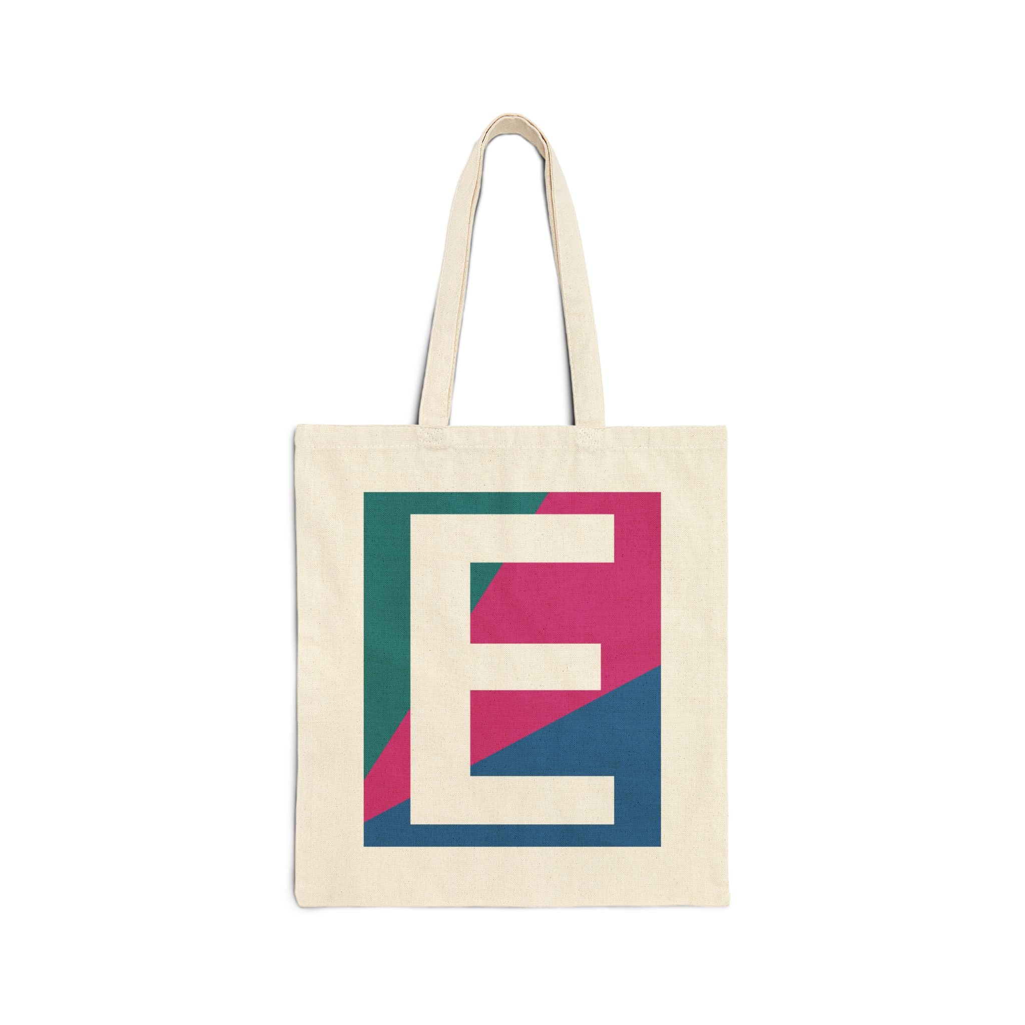 Initial E Colorblock Canvas Tote Bag — Monogram Letter E Reusable Grocery Tote