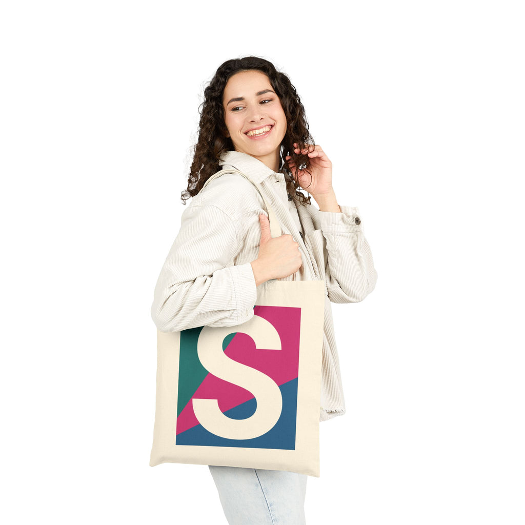Initial S Colorblock Canvas Tote Bag — Monogram Letter S Reusable Grocery Tote