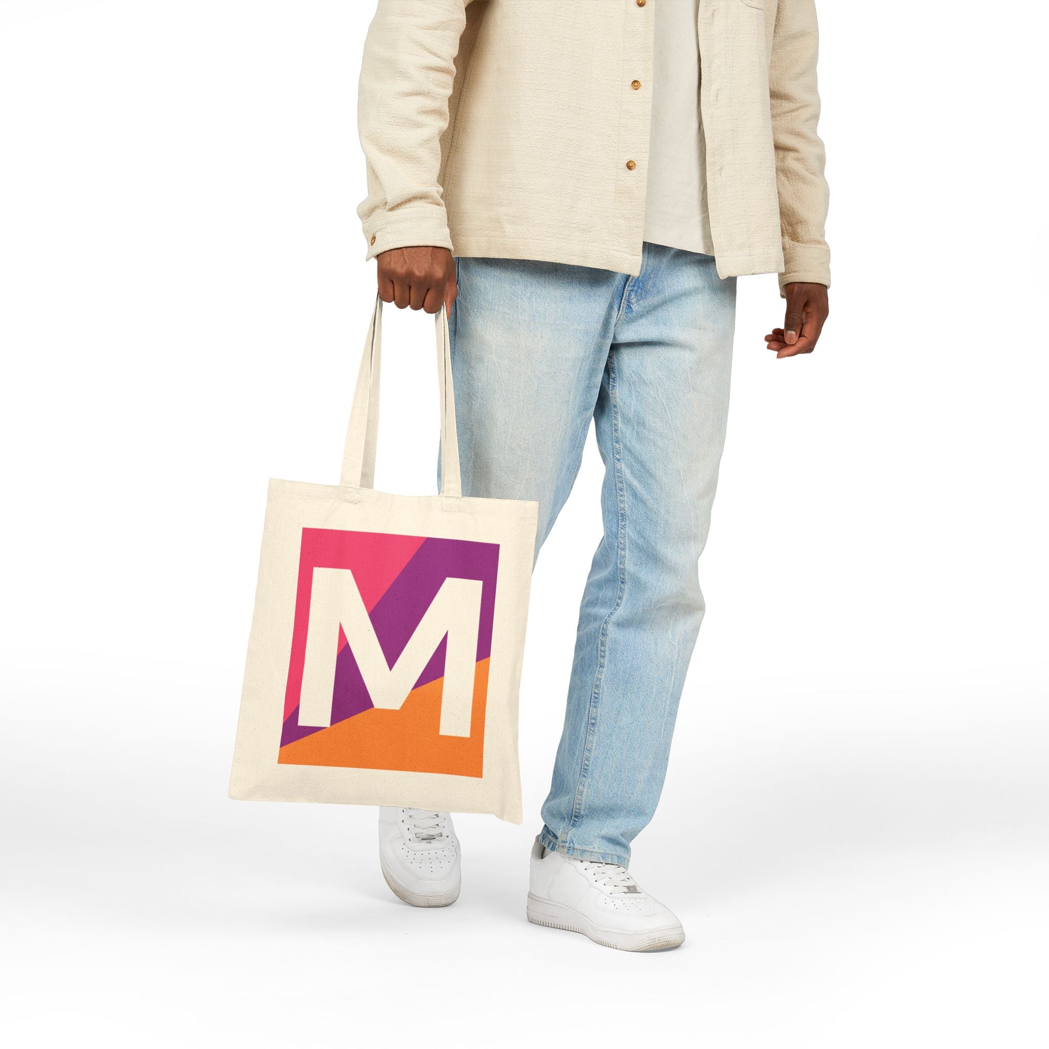 Initial M Colorblock Canvas Tote Bag — Monogram Letter M Reusable Grocery Tote