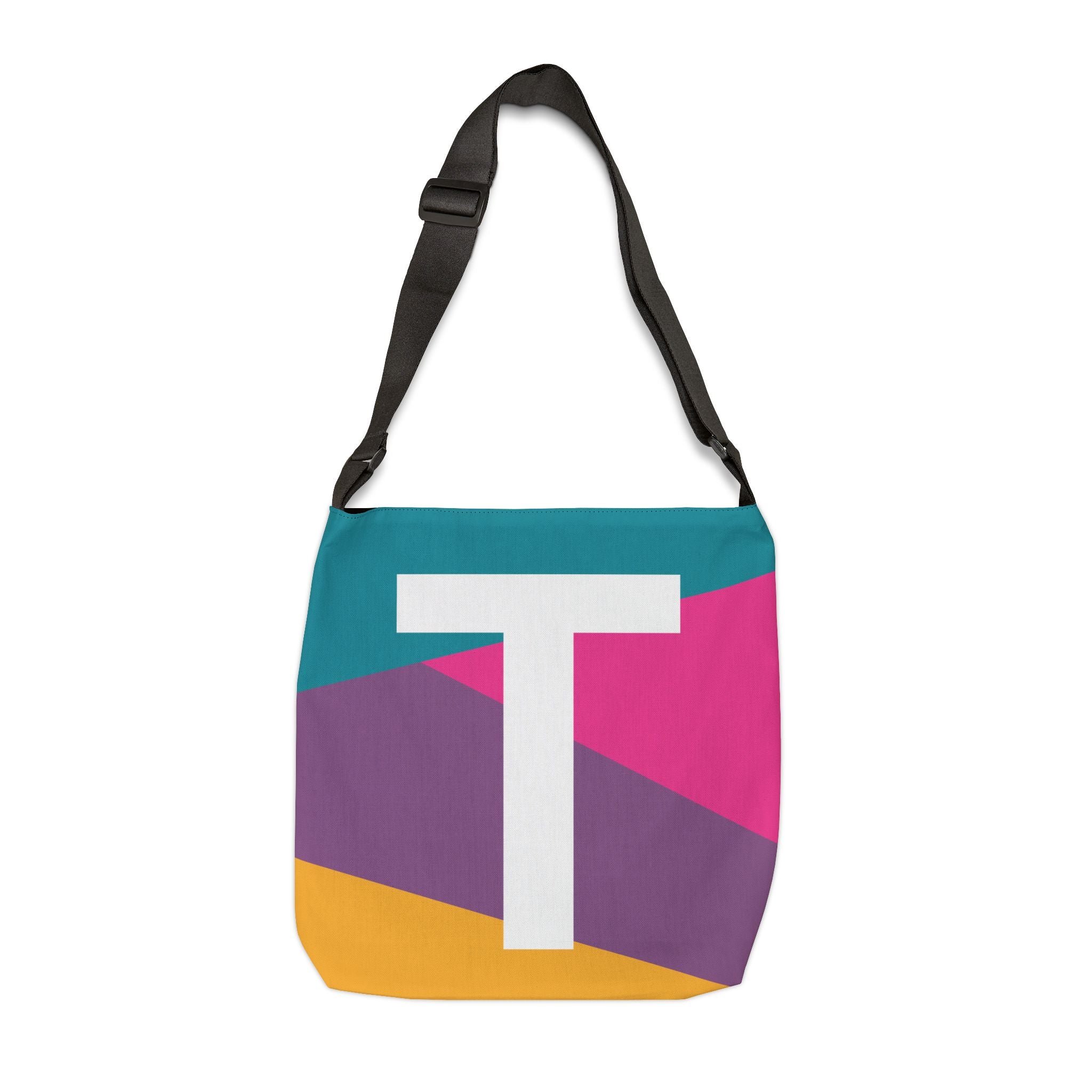 Initial Letter 'T' Colorblock Adjustable Tote Bag — Monogram Alphabet Shoulder Bag