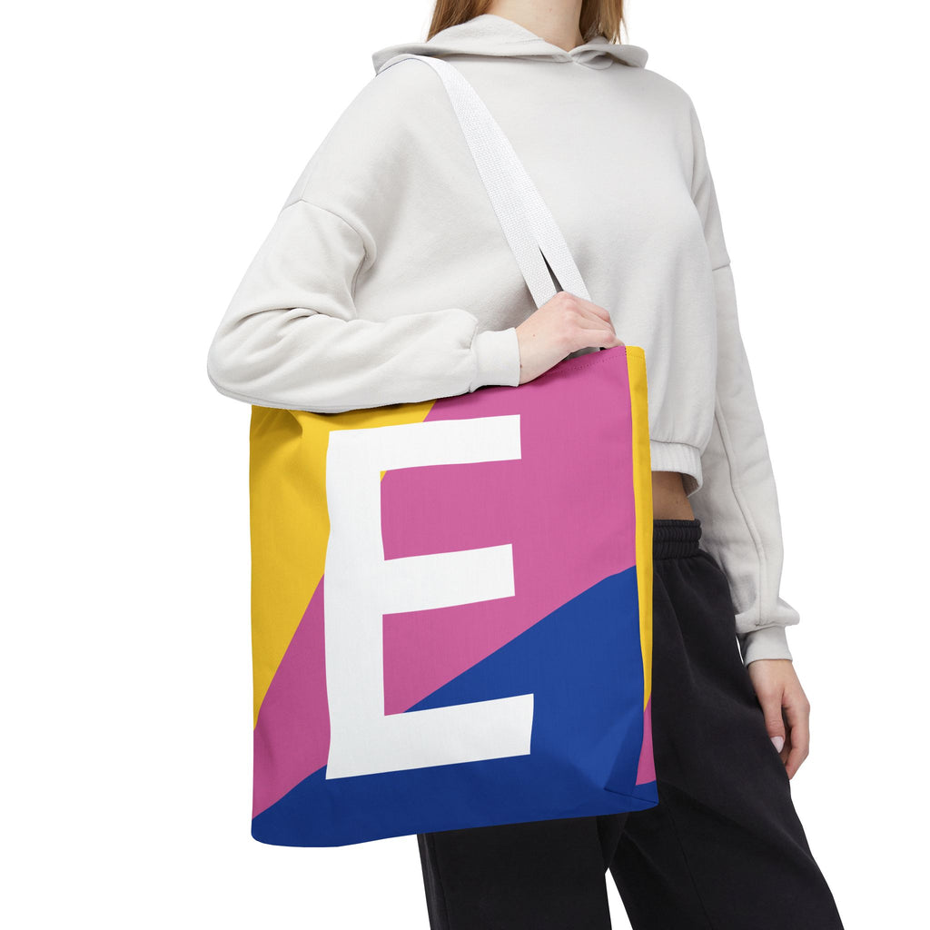 Monogram 'E' Colorblock Tote Bag — Personalized Initial E Shoulder Tote