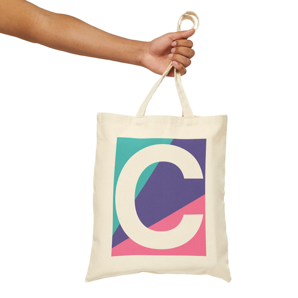 Initial C Colorblock Canvas Tote Bag — Monogram Letter C Reusable Grocery Tote