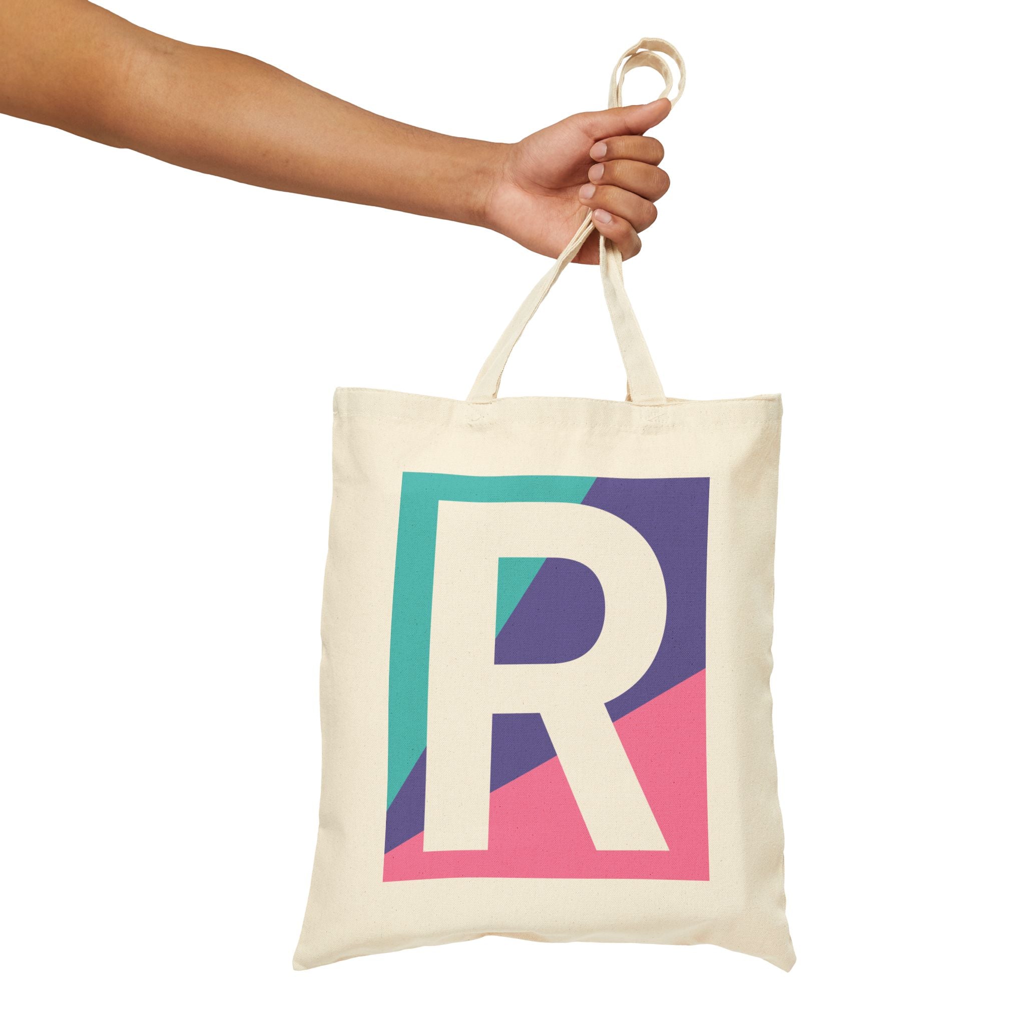 Initial R Colorblock Canvas Tote Bag — Monogram Letter R Reusable Grocery Tote