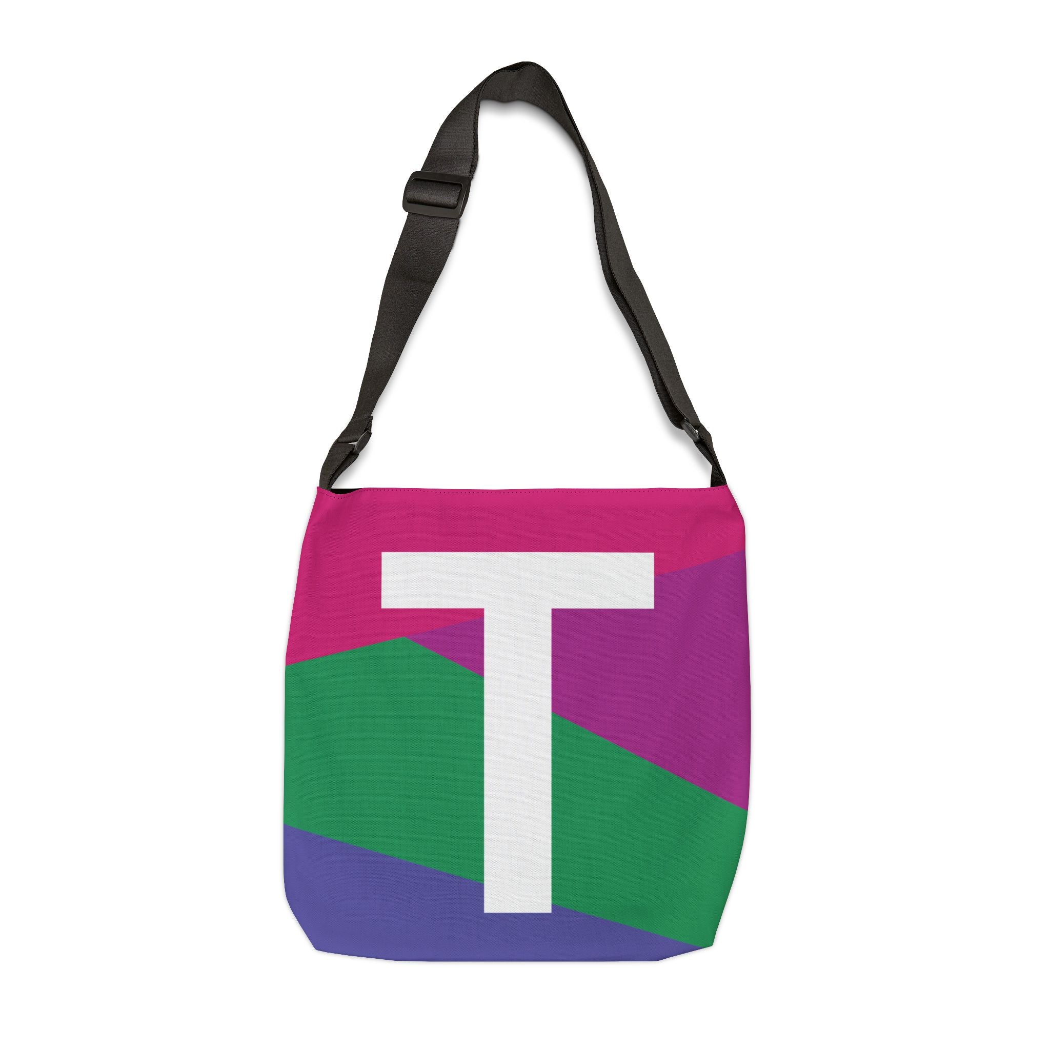 Initial Letter 'T' Colorblock Adjustable Tote Bag — Monogram Alphabet Shoulder Bag
