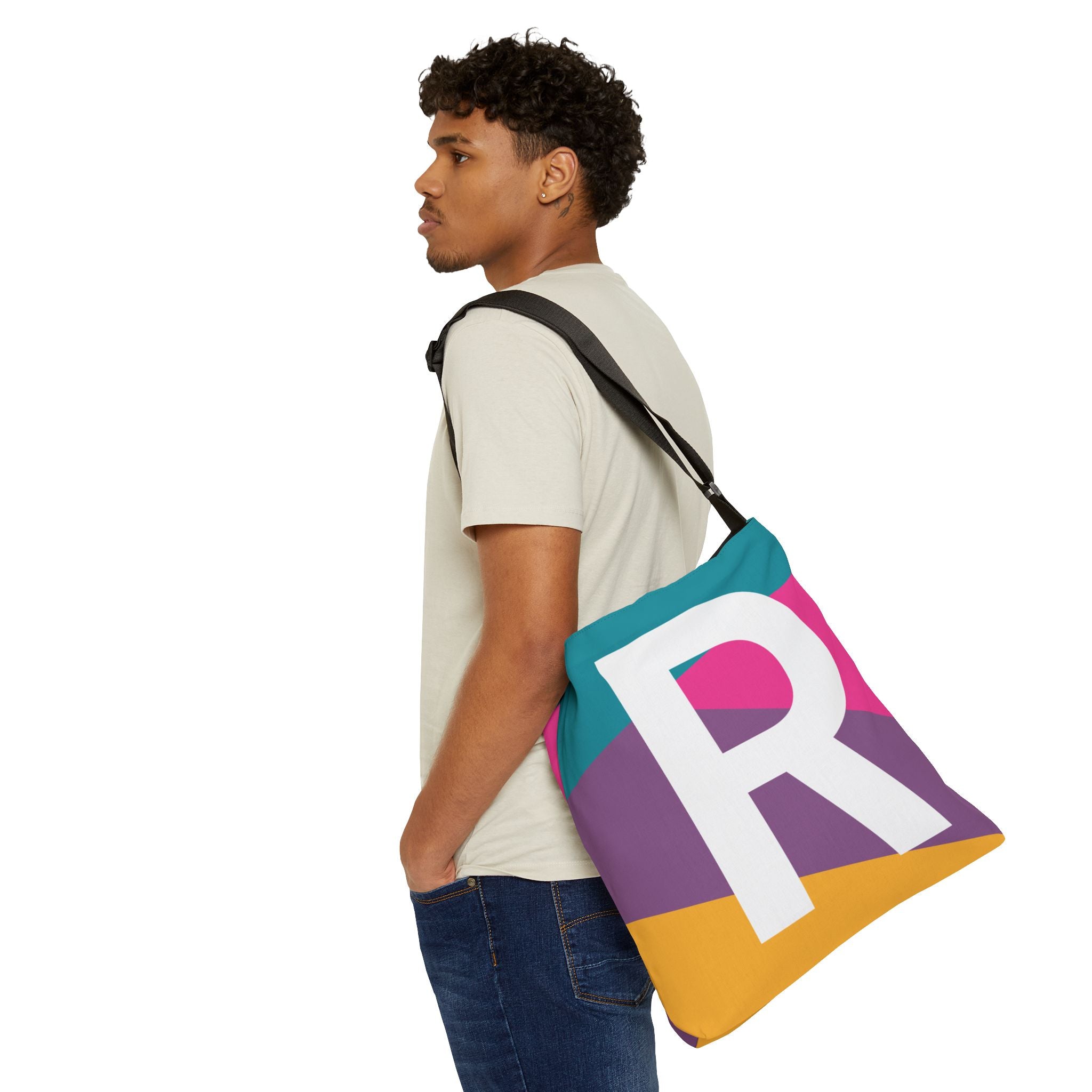 Initial Letter 'R' Colorblock Adjustable Tote Bag — Monogram Alphabet Shoulder Bag