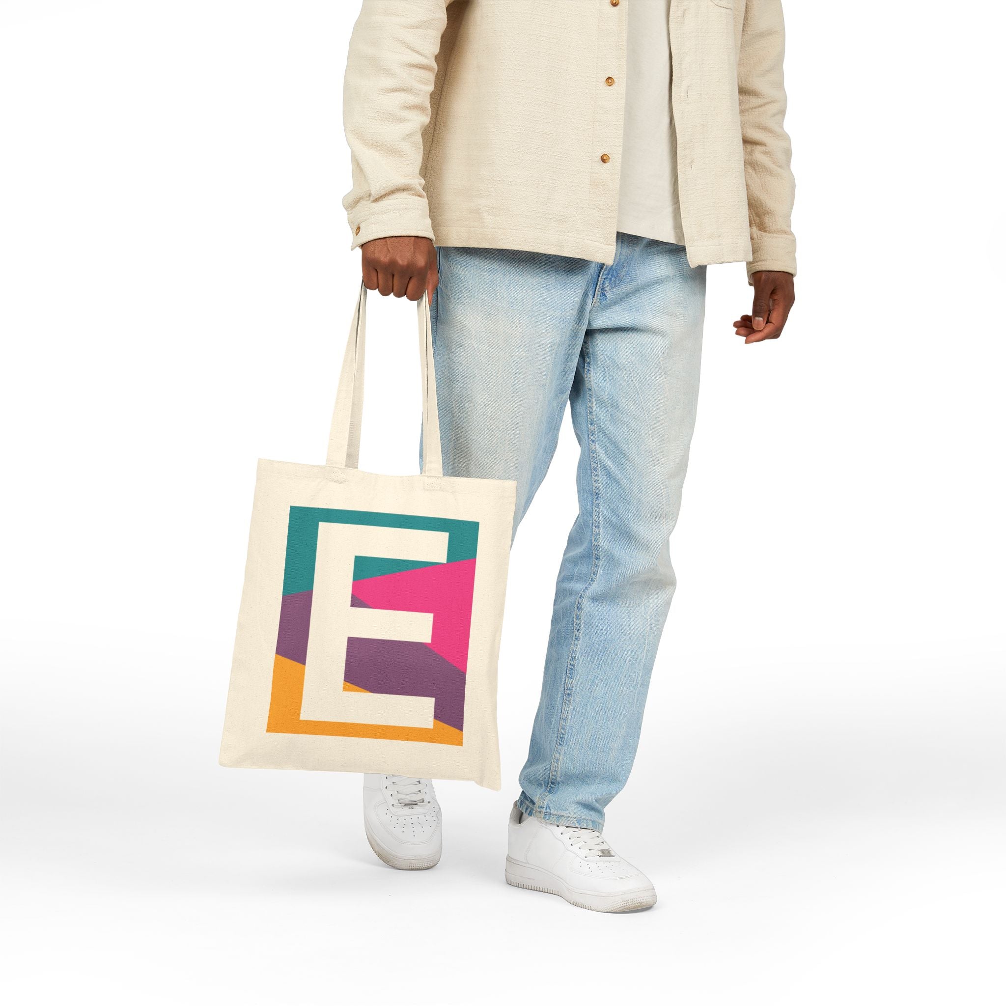 Initial E Colorblock Canvas Tote Bag — Monogram Letter E Reusable Grocery Tote