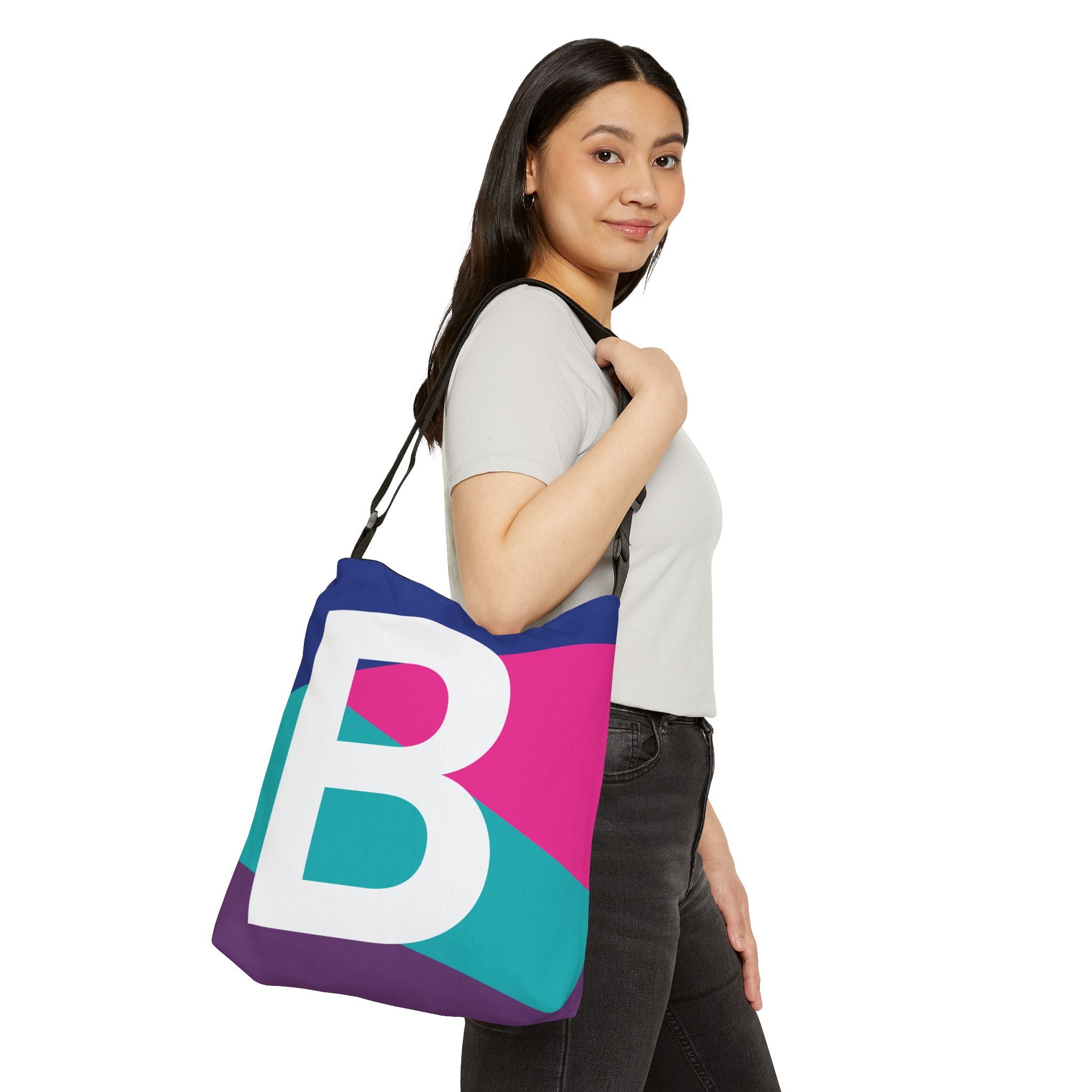 Initial Letter 'B' Colorblock Adjustable Tote Bag — Monogram Alphabet Shoulder Bag