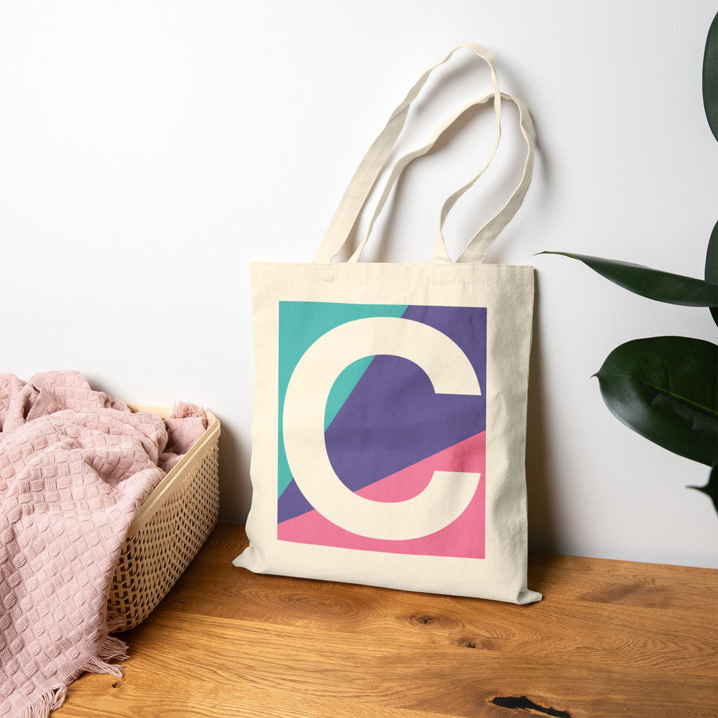 Initial C Colorblock Canvas Tote Bag — Monogram Letter C Reusable Grocery Tote