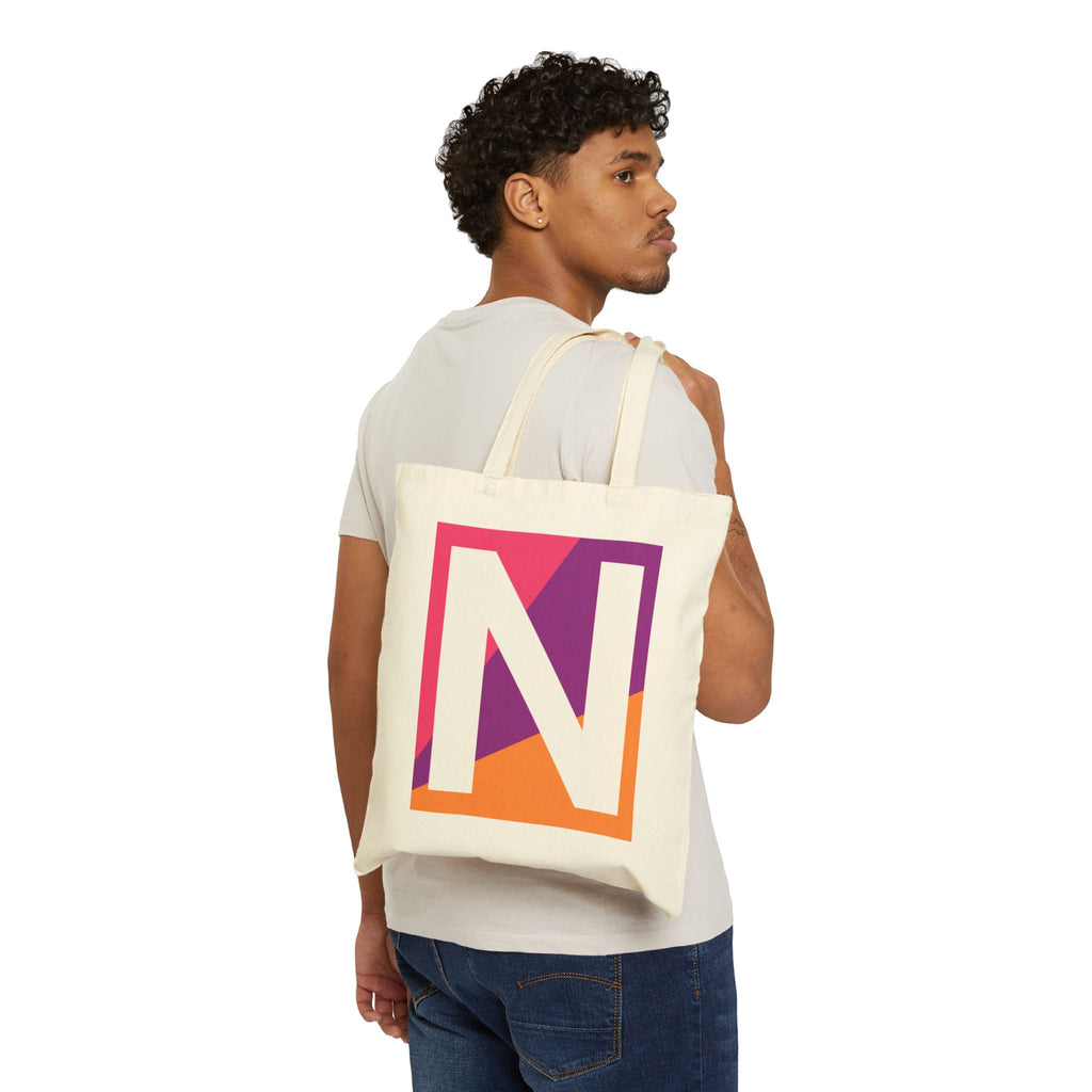 Initial N Colorblock Canvas Tote Bag — Monogram Letter N Reusable Grocery Tote