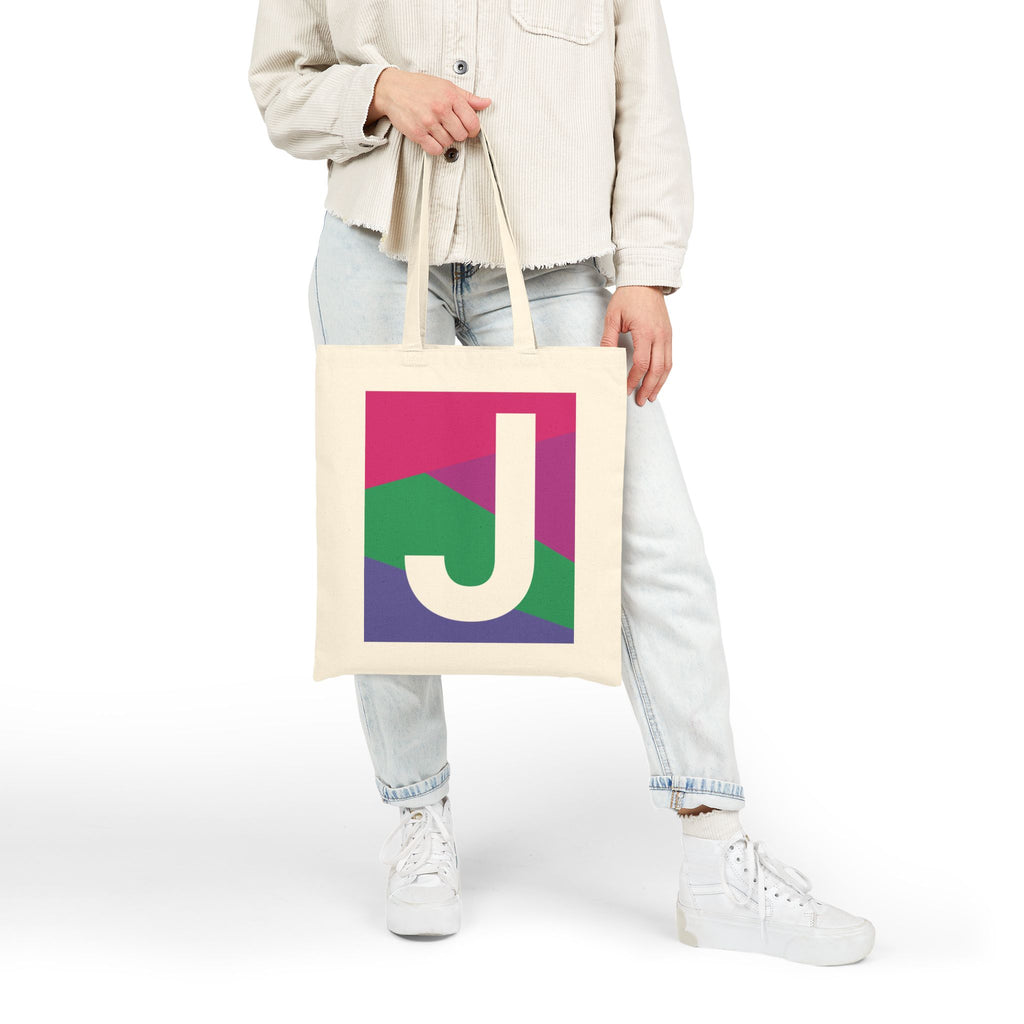 Initial J Colorblock Canvas Tote Bag — Monogram Letter J Reusable Grocery Tote